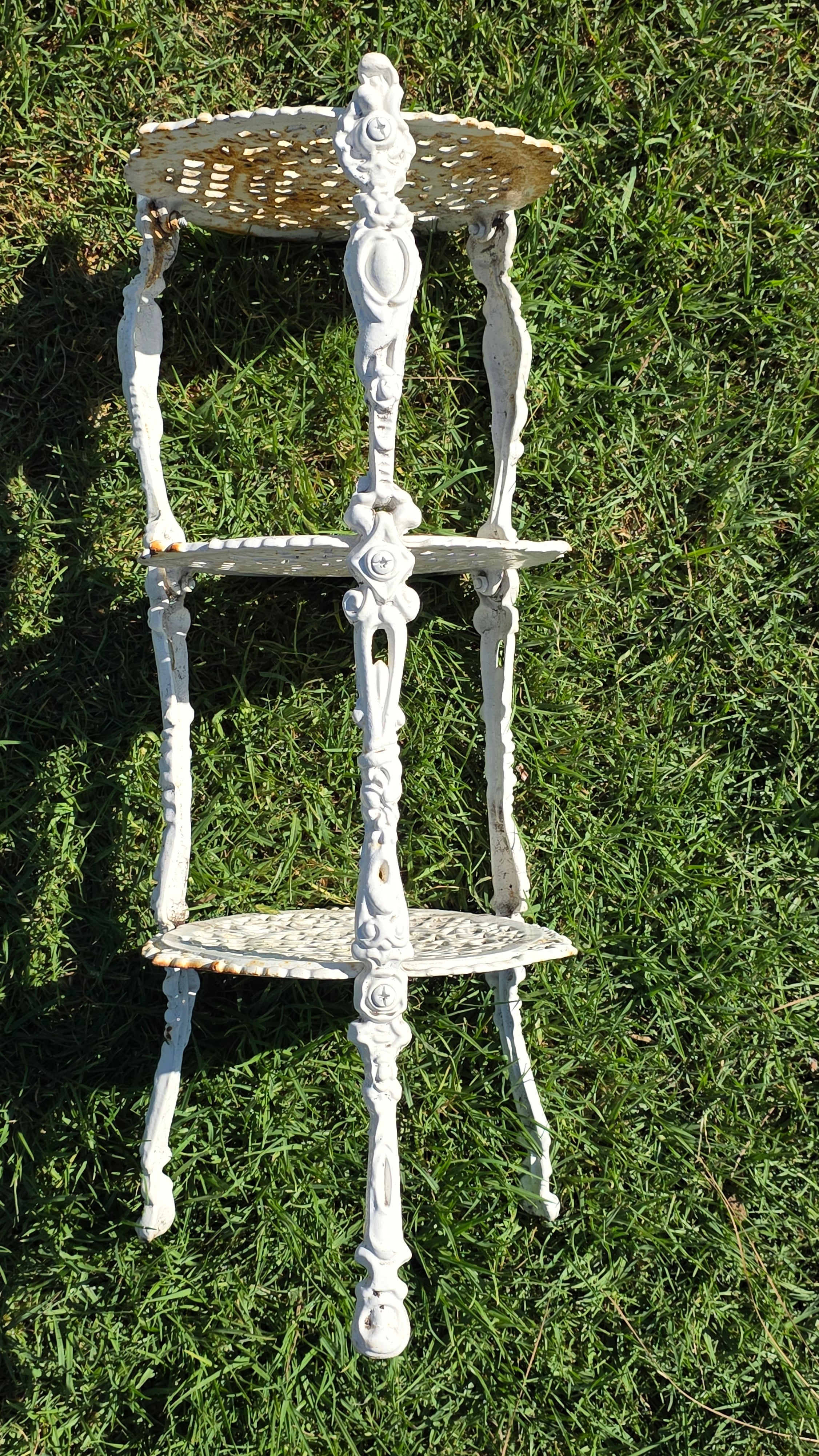 Vintage Victorian Cast Iron 3 Tier Plant Stand Ornate White Metal Garden Shelf