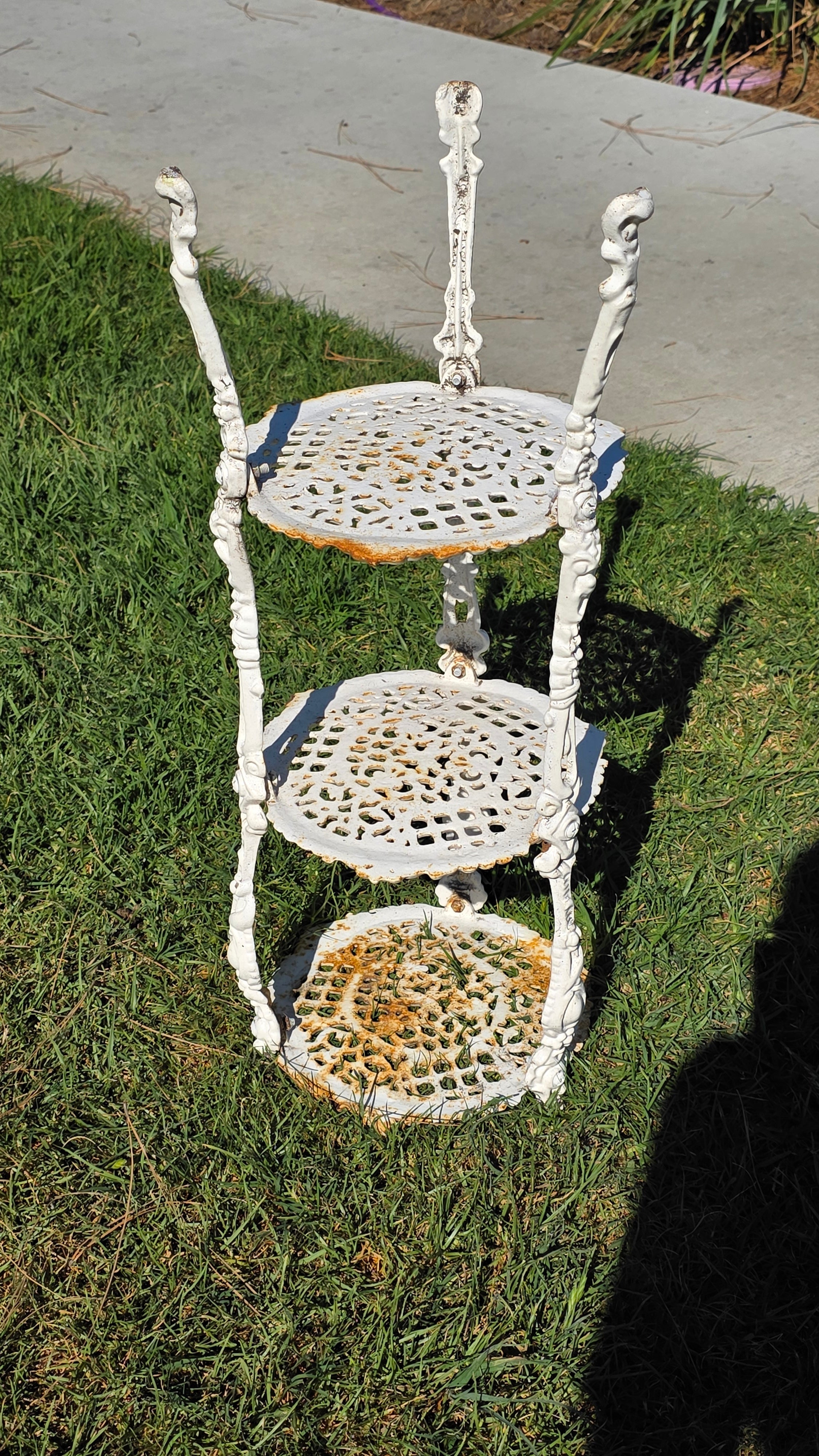 Vintage Victorian Cast Iron 3 Tier Plant Stand Ornate White Metal Garden Shelf