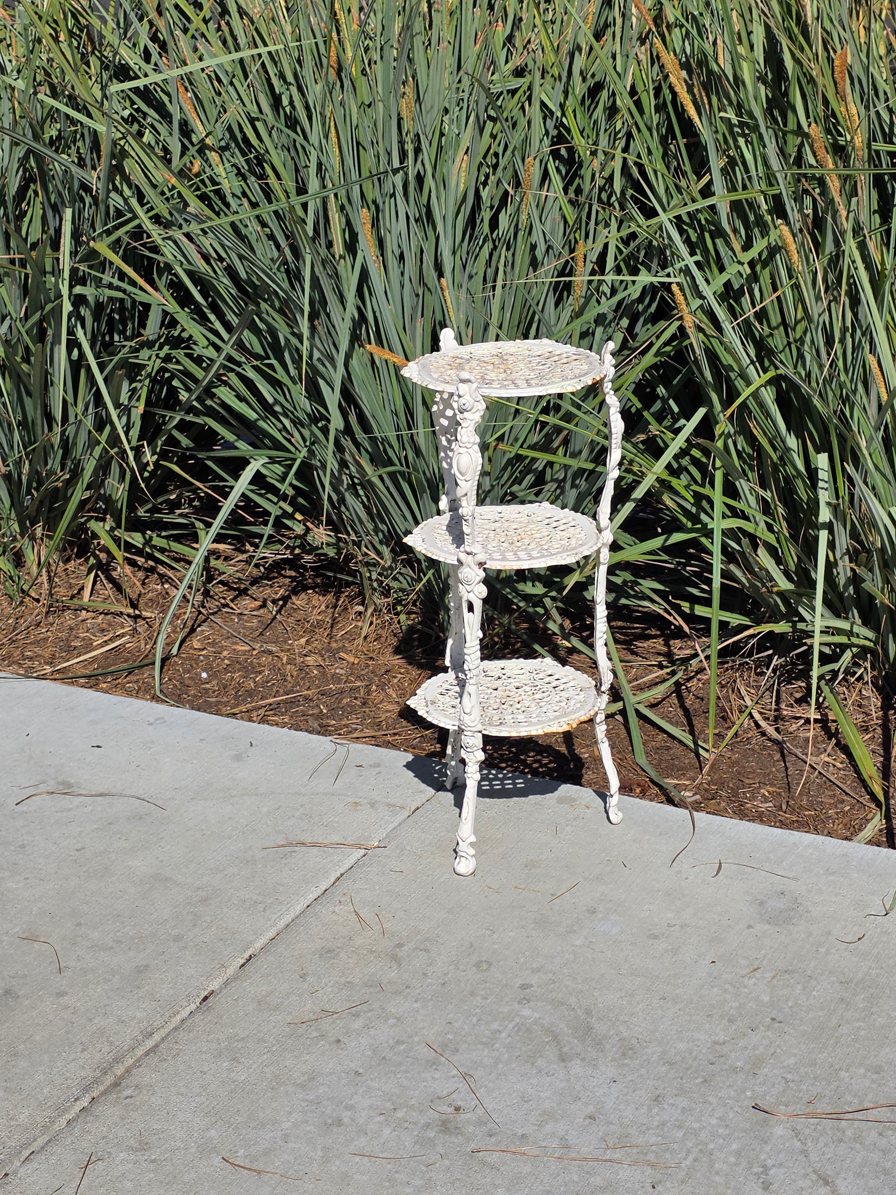 Vintage Victorian Cast Iron 3 Tier Plant Stand Ornate White Metal Garden Shelf