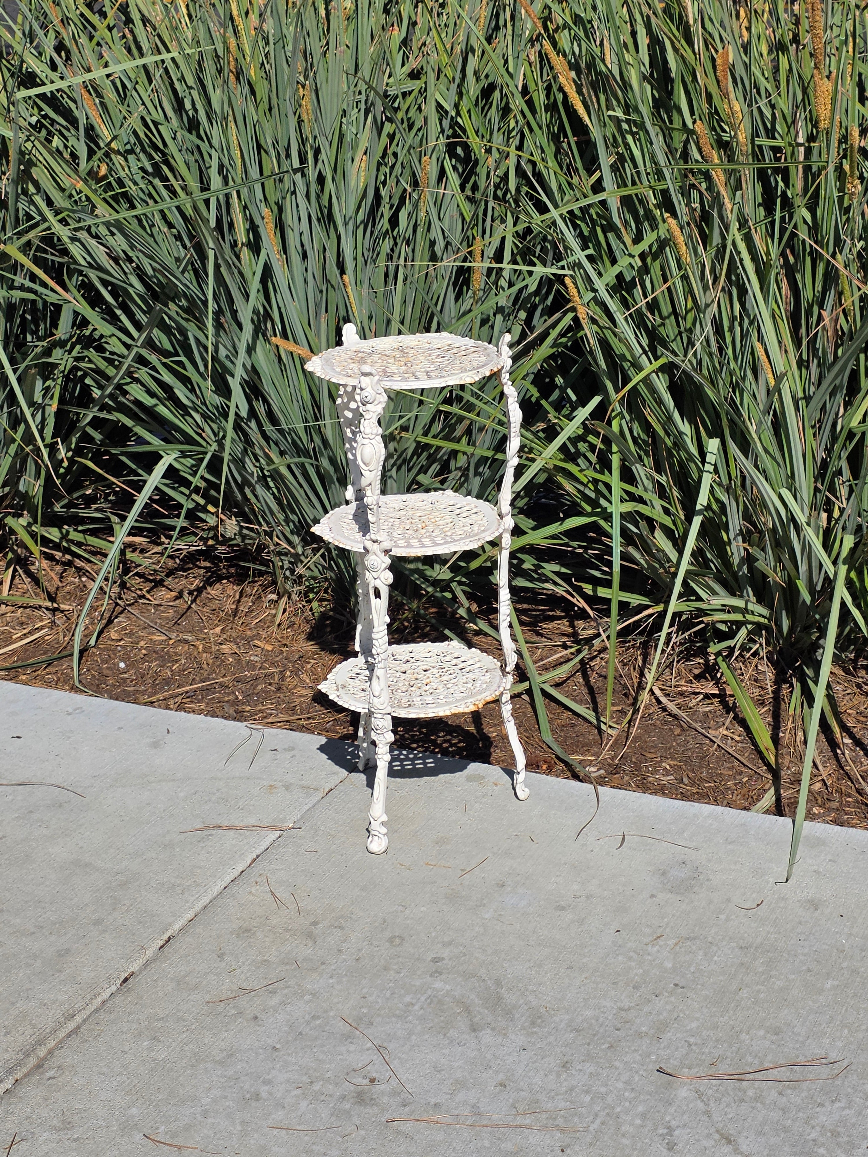 Vintage Victorian Cast Iron 3 Tier Plant Stand Ornate White Metal Garden Shelf