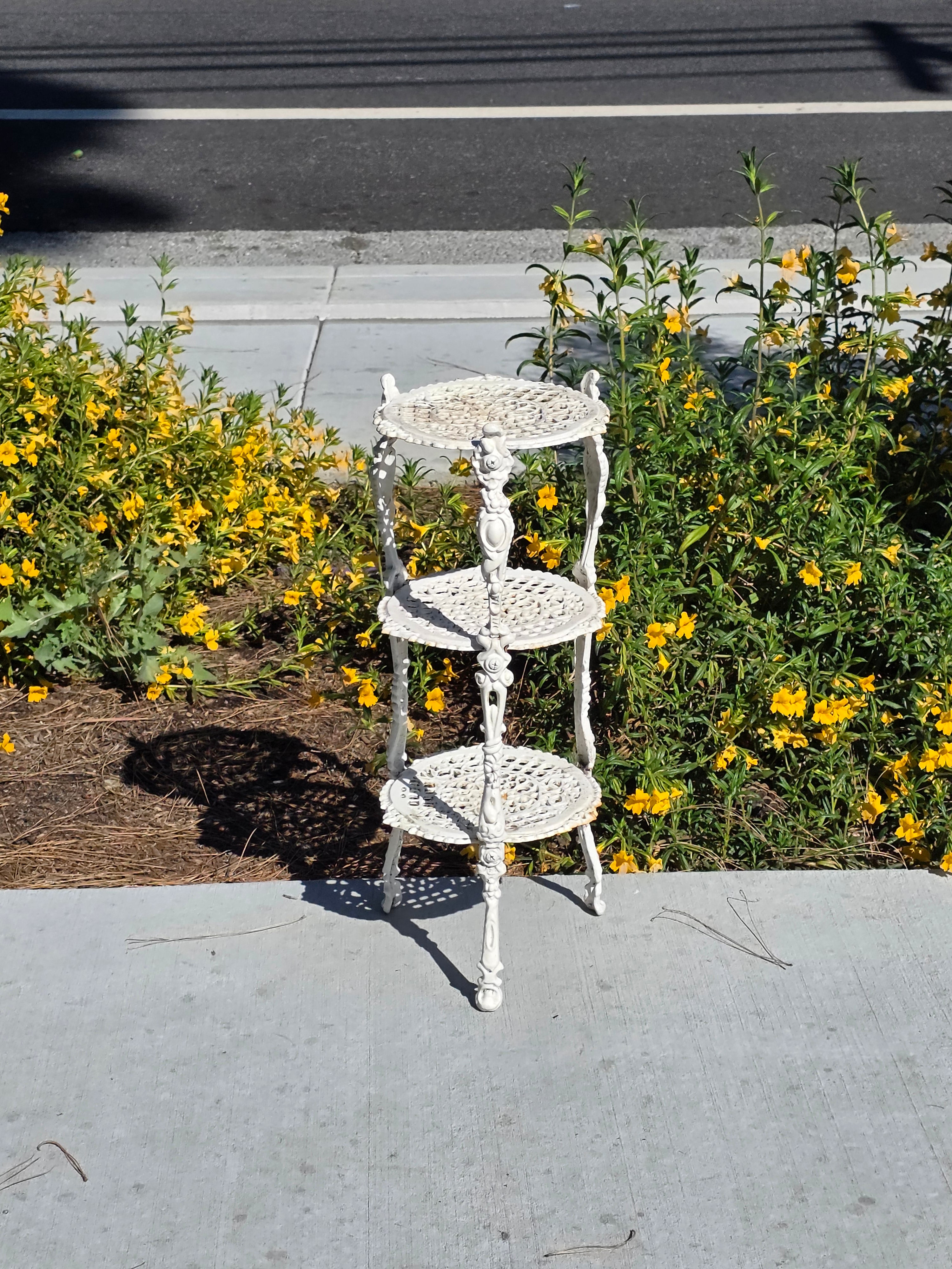 Vintage Victorian Cast Iron 3 Tier Plant Stand Ornate White Metal Garden Shelf