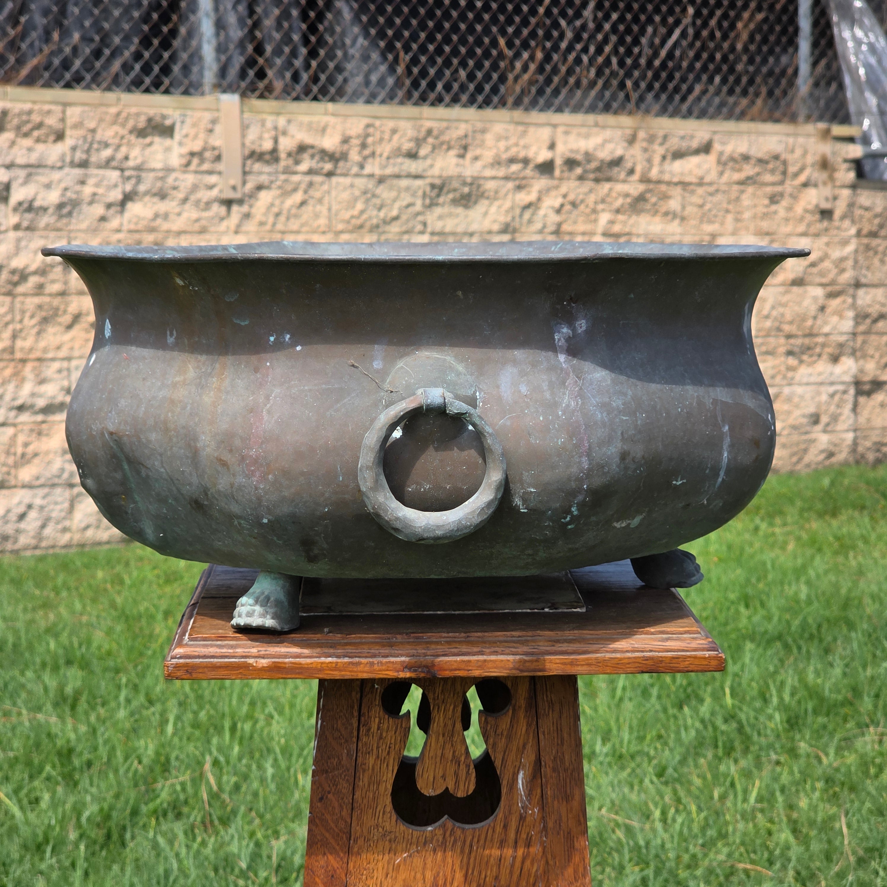 Vintage Octagon Copper Cauldron Planter Pot Paw Feet Ring Handles Large 16"
