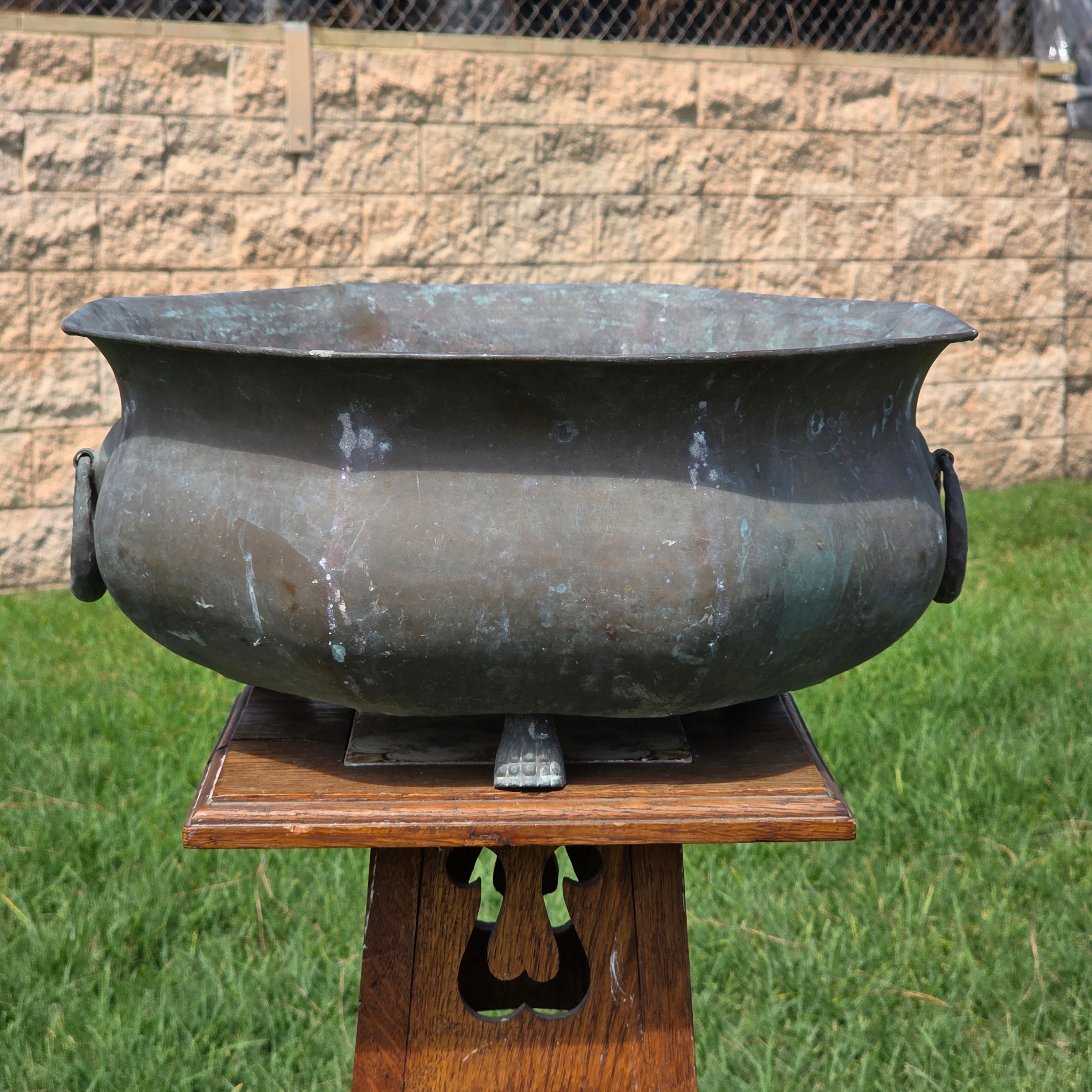 Vintage Octagon Copper Cauldron Planter Pot Paw Feet Ring Handles Large 16"