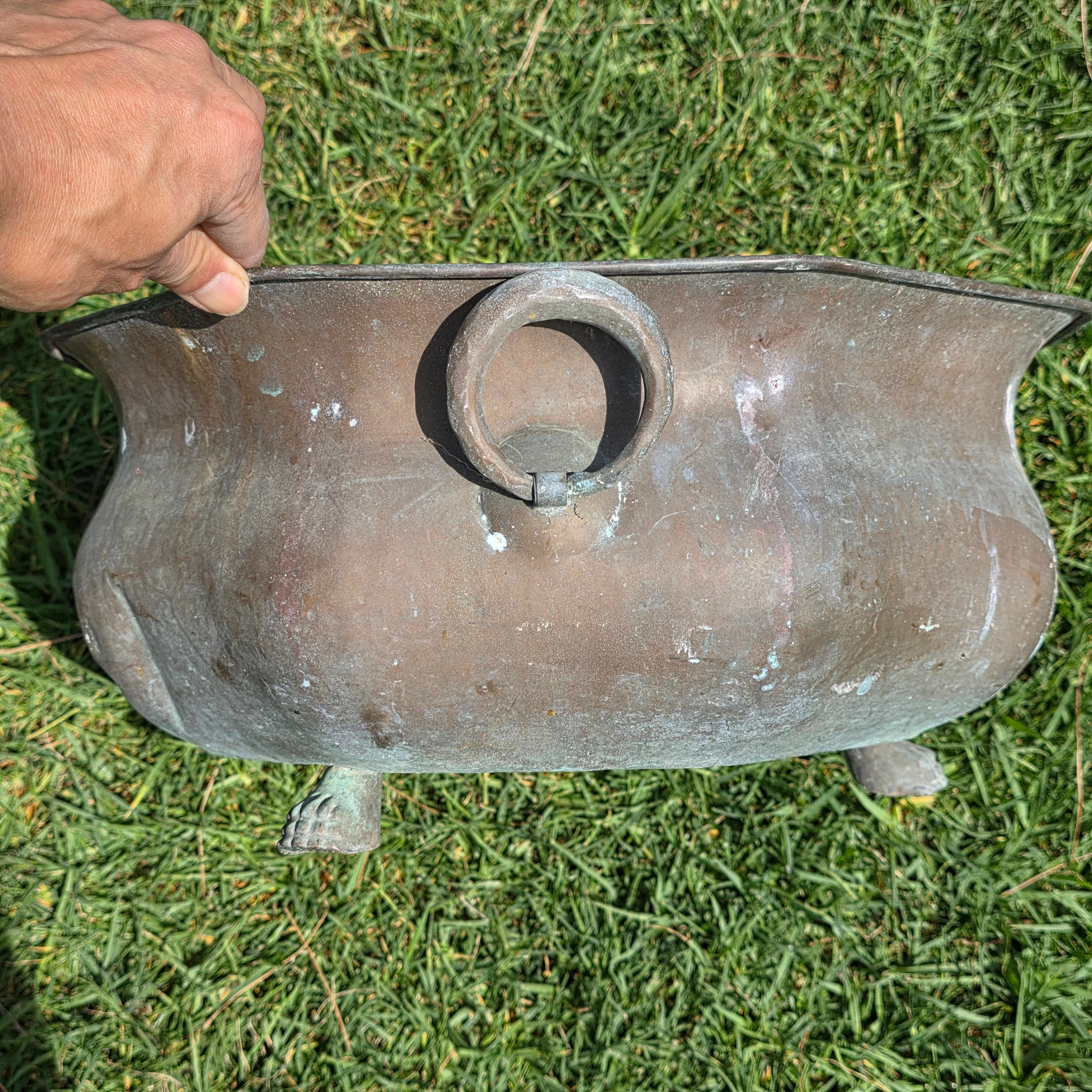 Vintage Octagon Copper Cauldron Planter Pot Paw Feet Ring Handles Large 16"