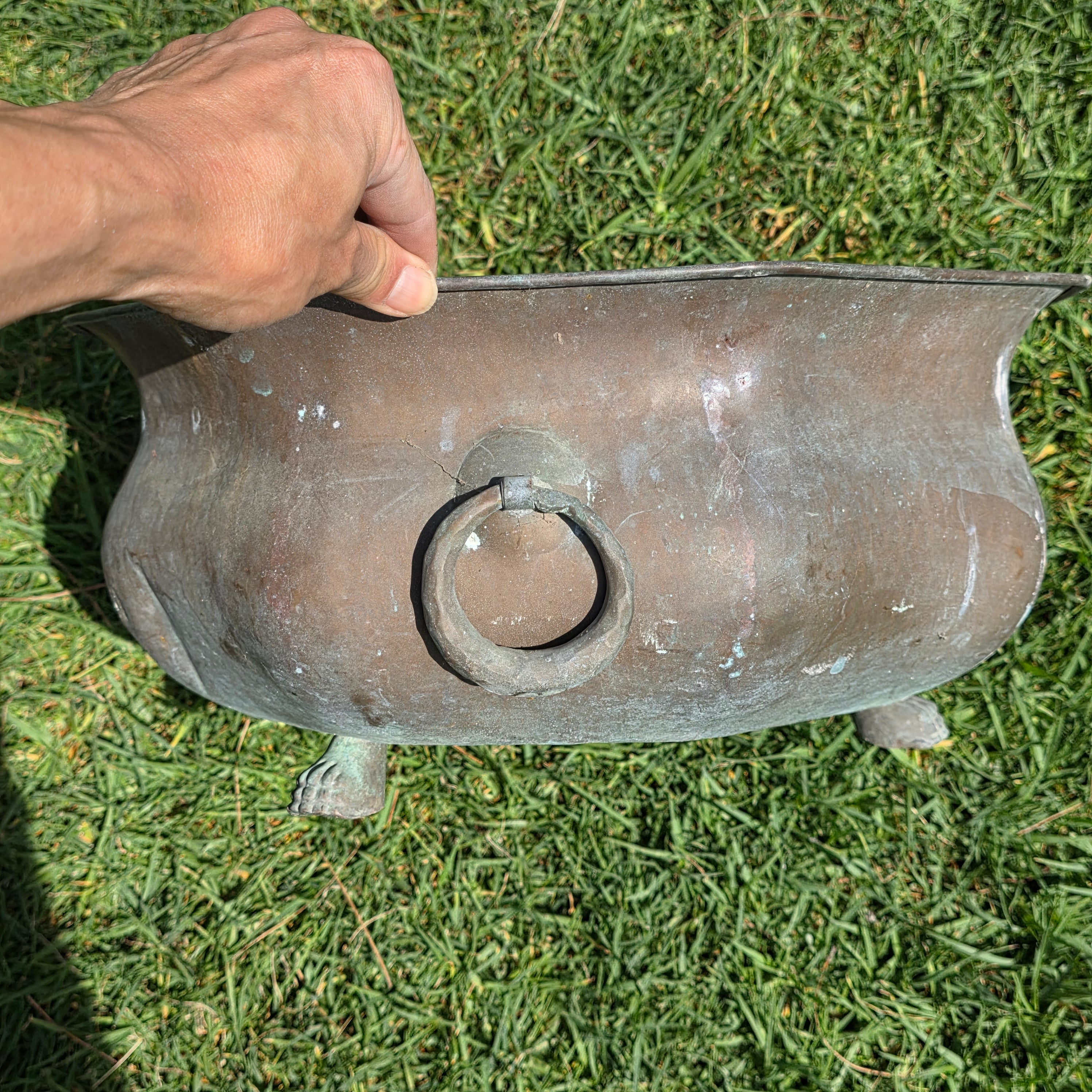 Vintage Octagon Copper Cauldron Planter Pot Paw Feet Ring Handles Large 16"