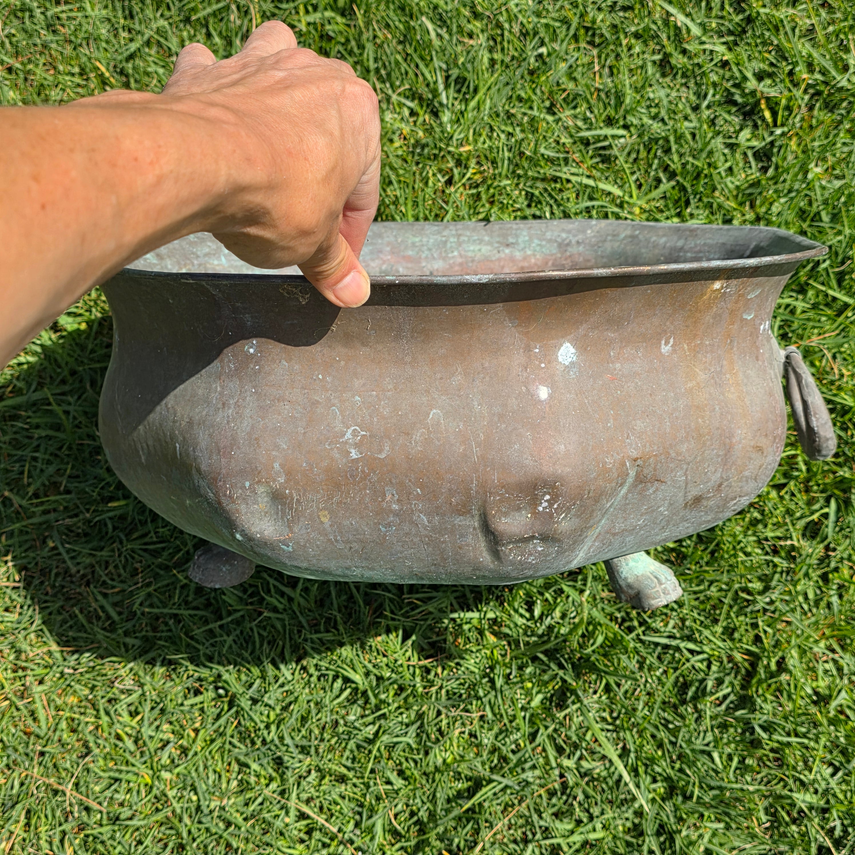 Vintage Octagon Copper Cauldron Planter Pot Paw Feet Ring Handles Large 16"