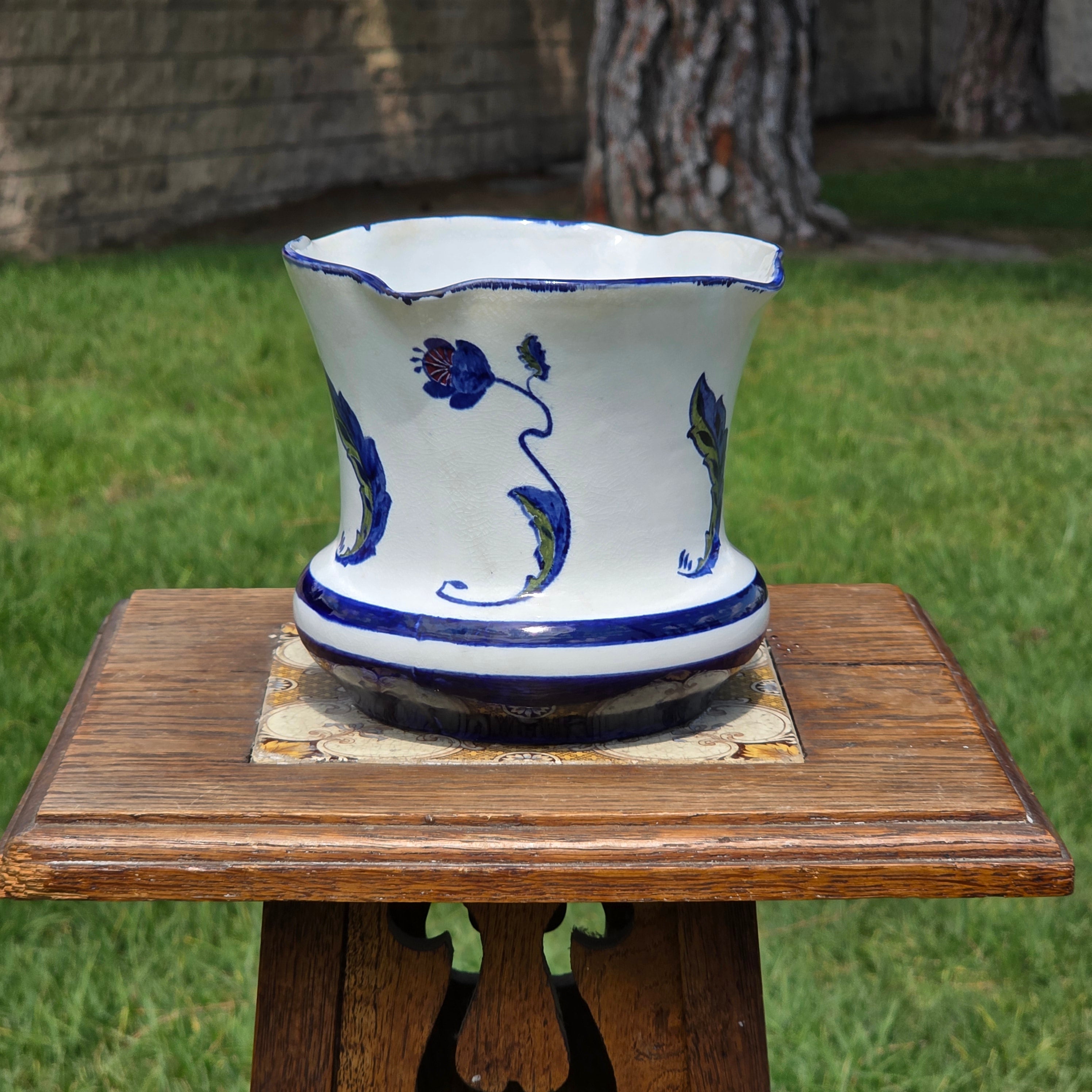 Vintage W Moore Binns Old Bristol Delft 1747 Design Flower Pot Planter Blue White