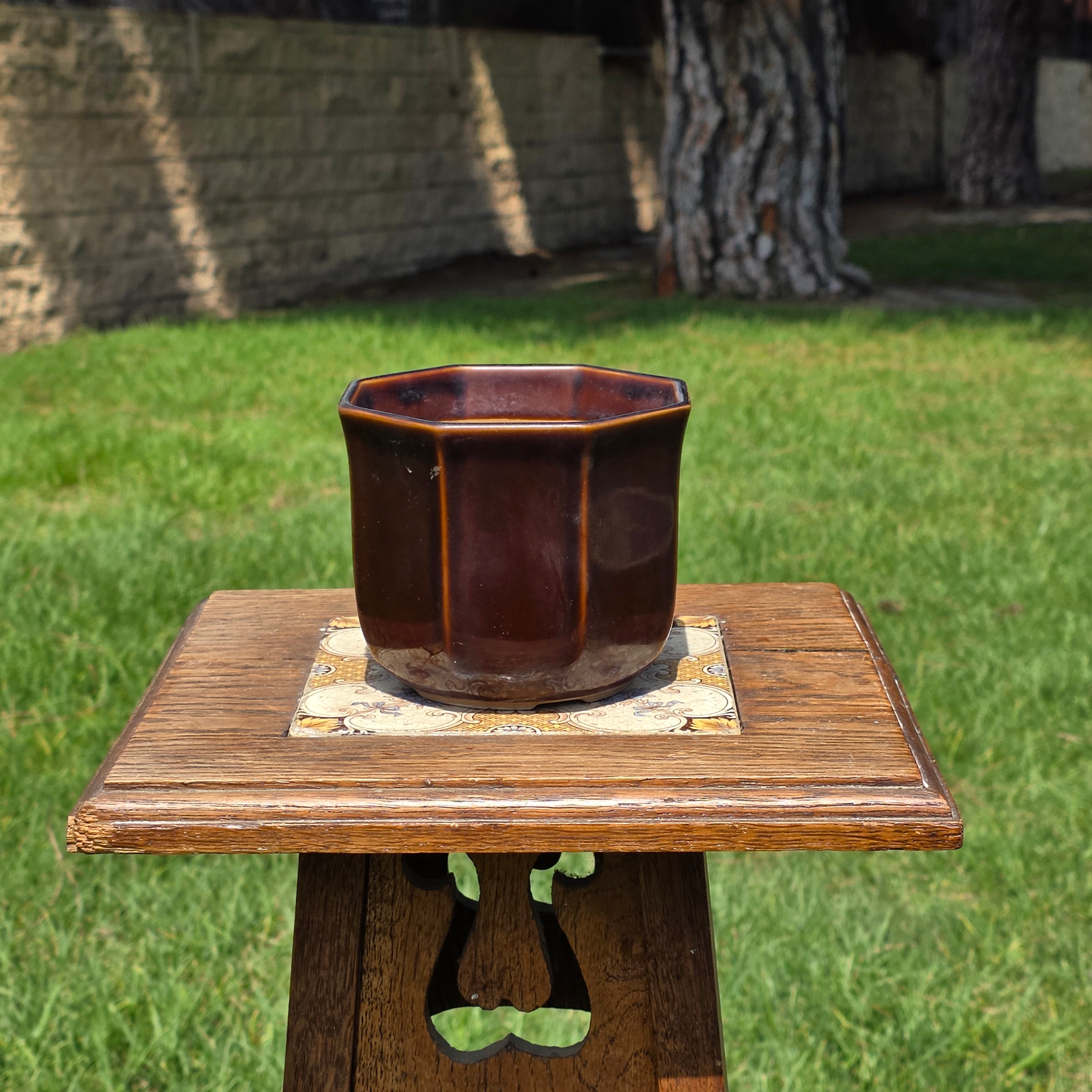 Vintage Fuji Japan Bonsai Pot Planter Brown Glazed Octagon Ceramic Mid Century 5"