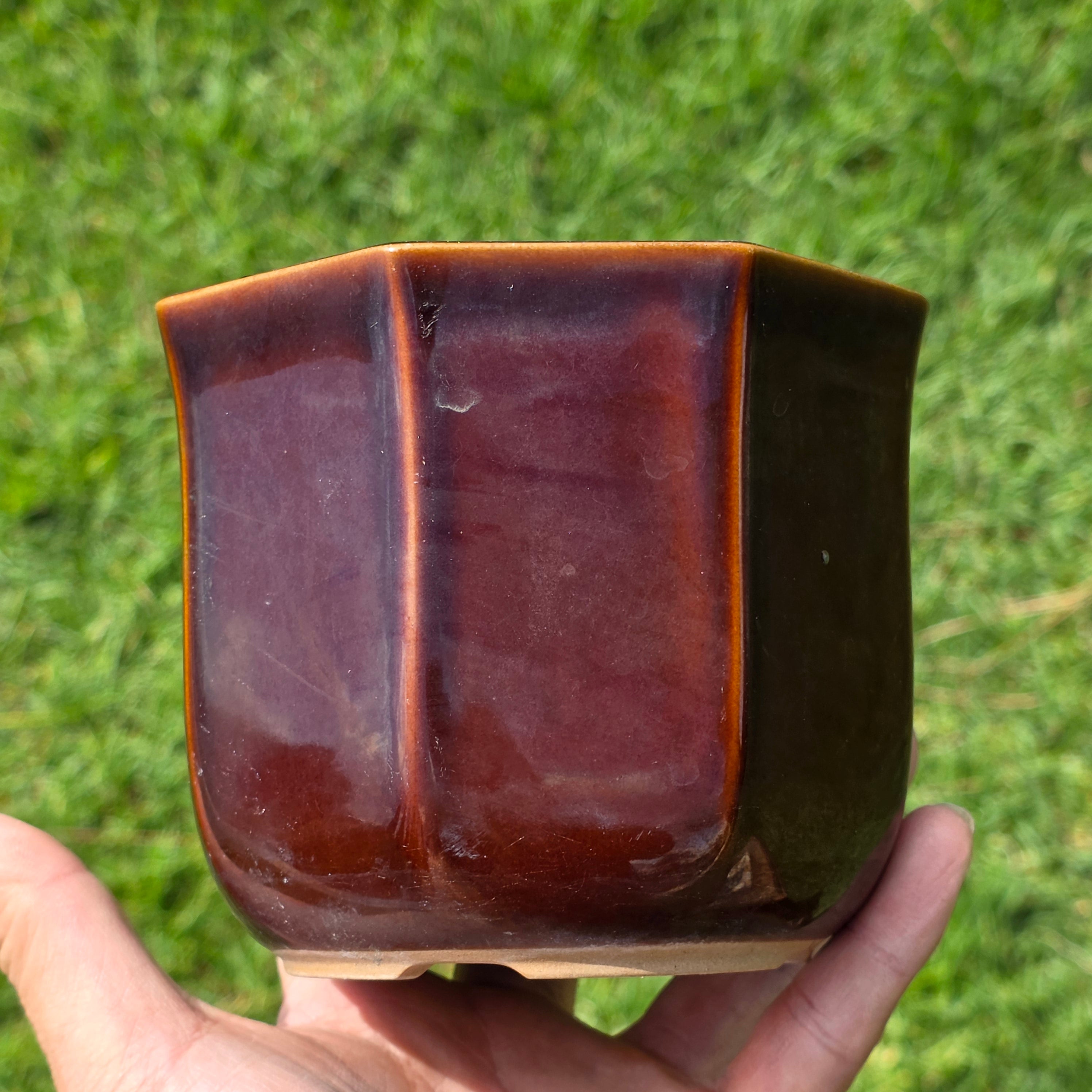 Vintage Fuji Japan Bonsai Pot Planter Brown Glazed Octagon Ceramic Mid Century 5"