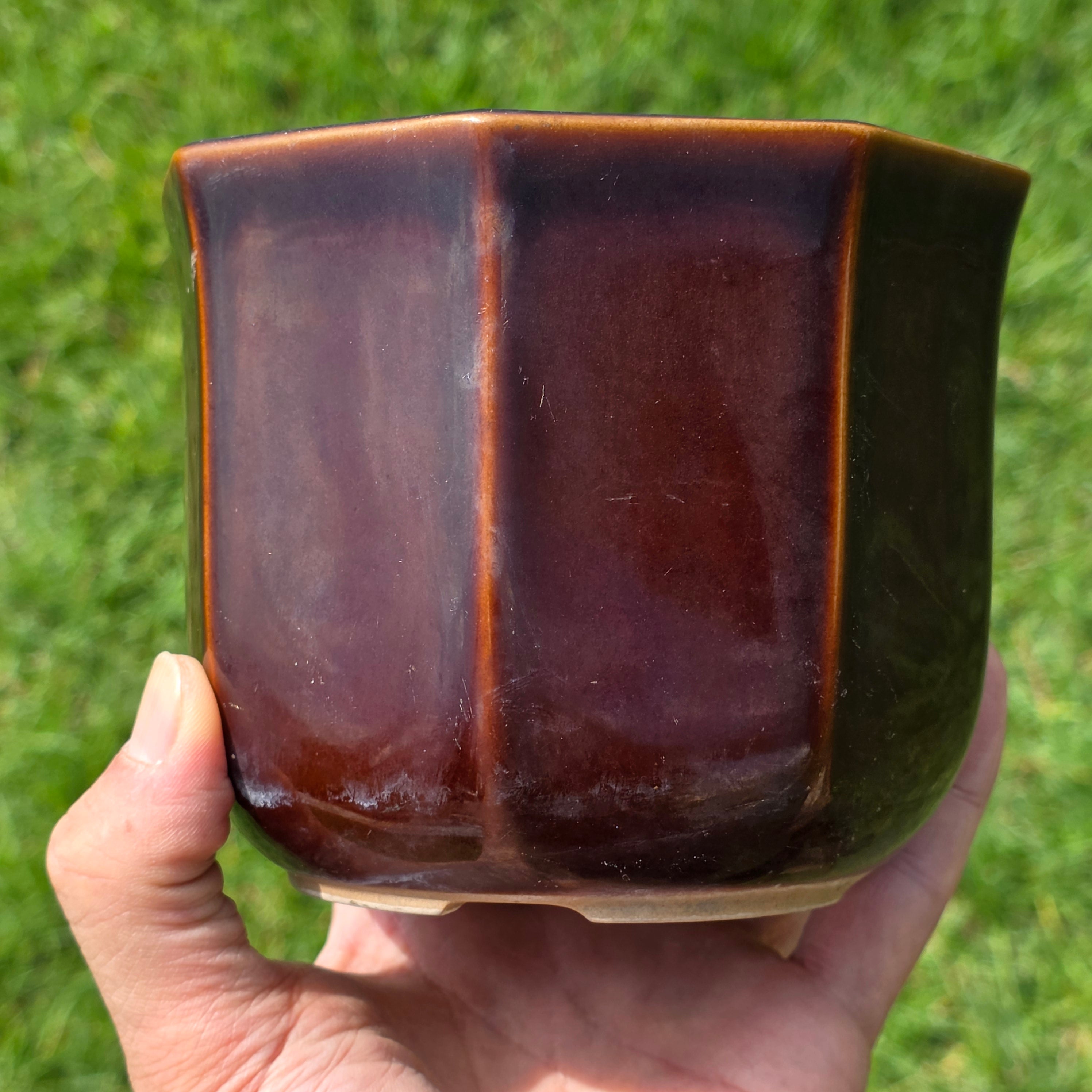 Vintage Fuji Japan Bonsai Pot Planter Brown Glazed Octagon Ceramic Mid Century 5"