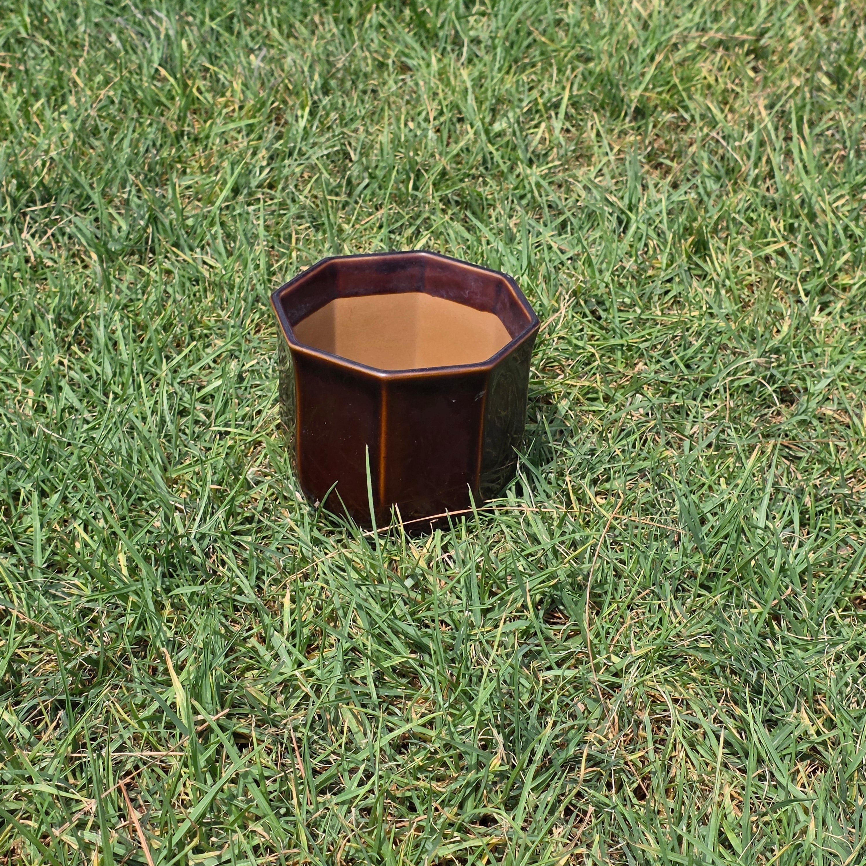 Vintage Fuji Japan Bonsai Pot Planter Brown Glazed Octagon Ceramic Mid Century 5"