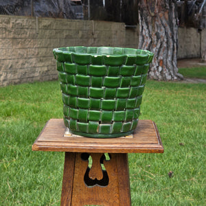 Vintage Italian Pottery Basket Weave Planter Green Glazed Made in Italy 9" 1092