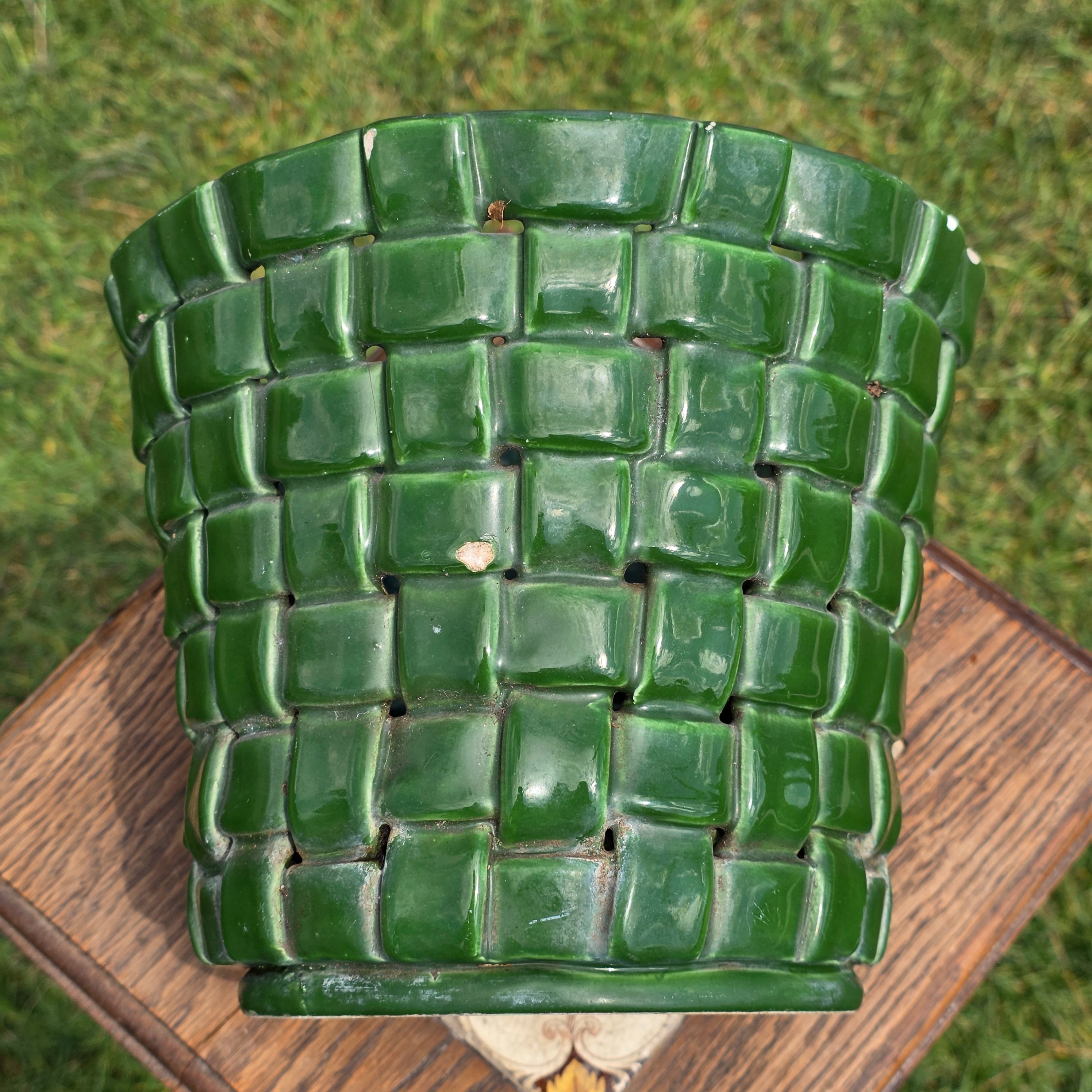Vintage Italian Pottery Basket Weave Planter Green Glazed Made in Italy 9" 1092