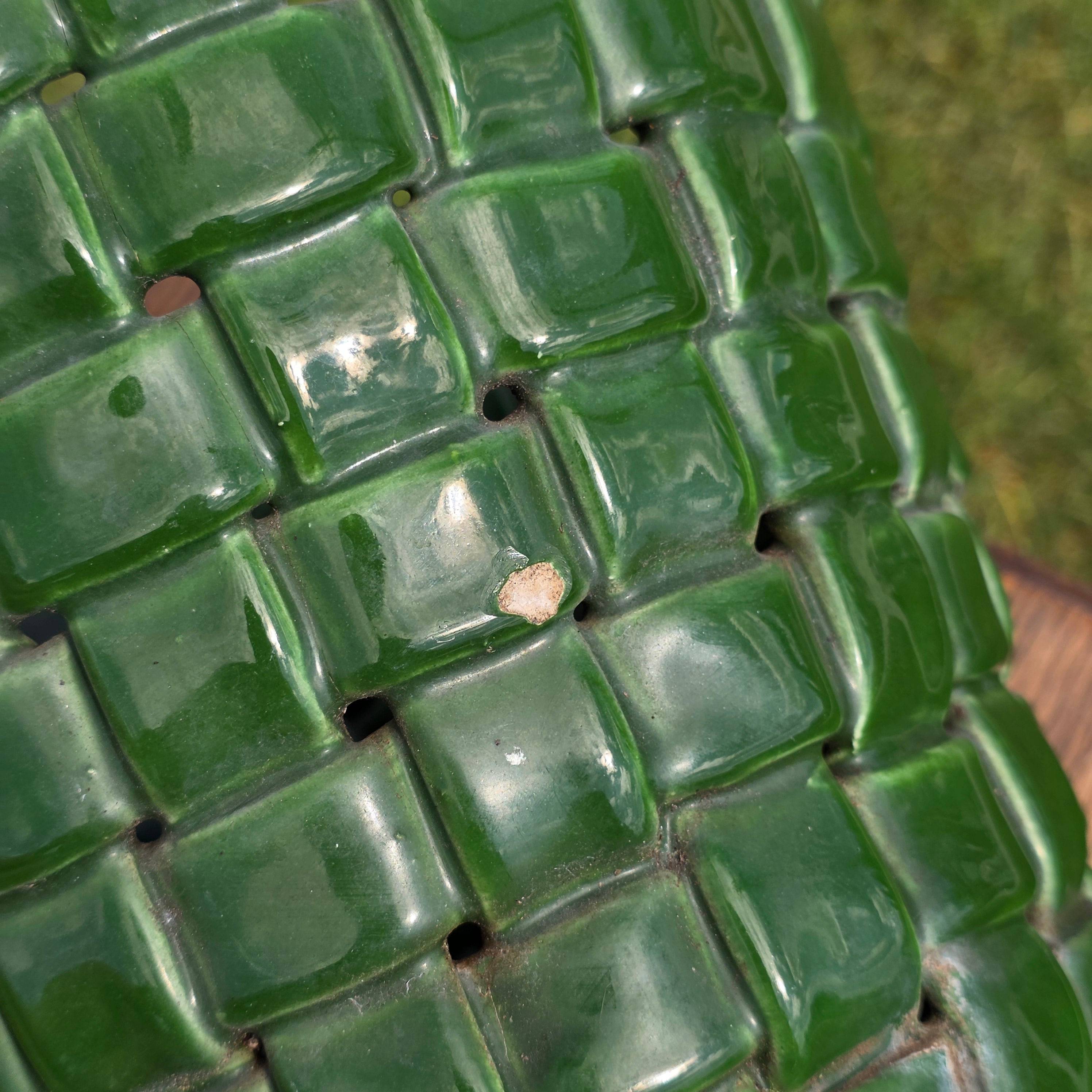 Vintage Italian Pottery Basket Weave Planter Green Glazed Made in Italy 9" 1092