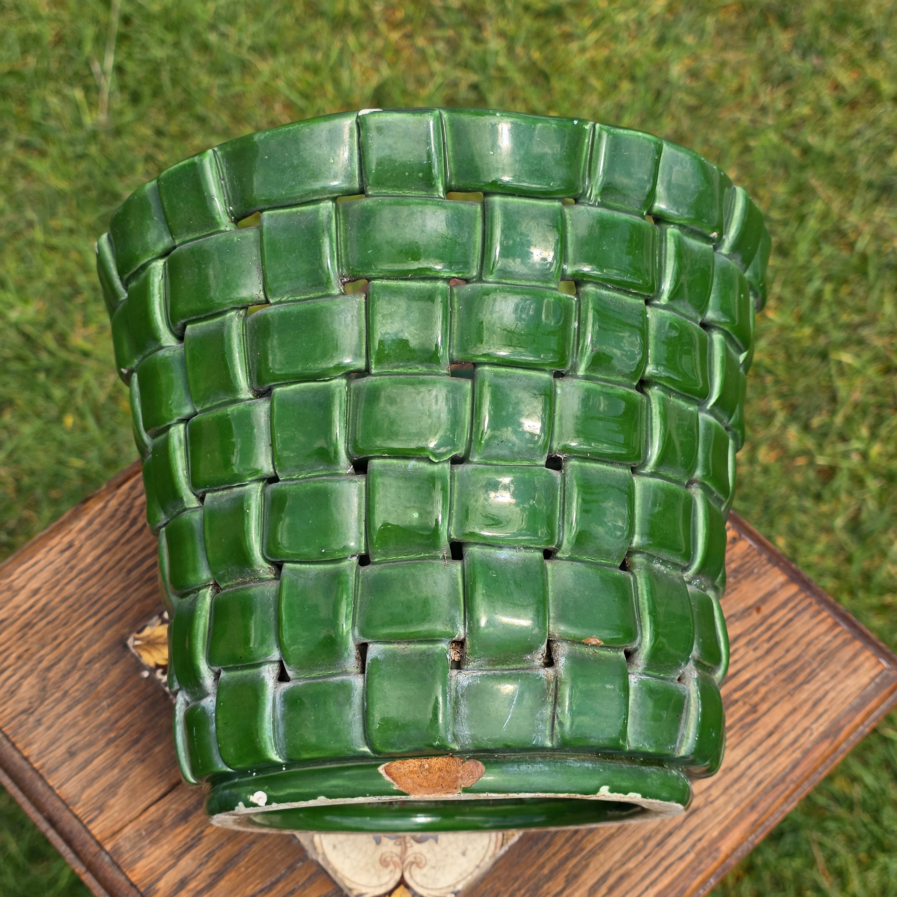 Vintage Italian Pottery Basket Weave Planter Green Glazed Made in Italy 9" 1092