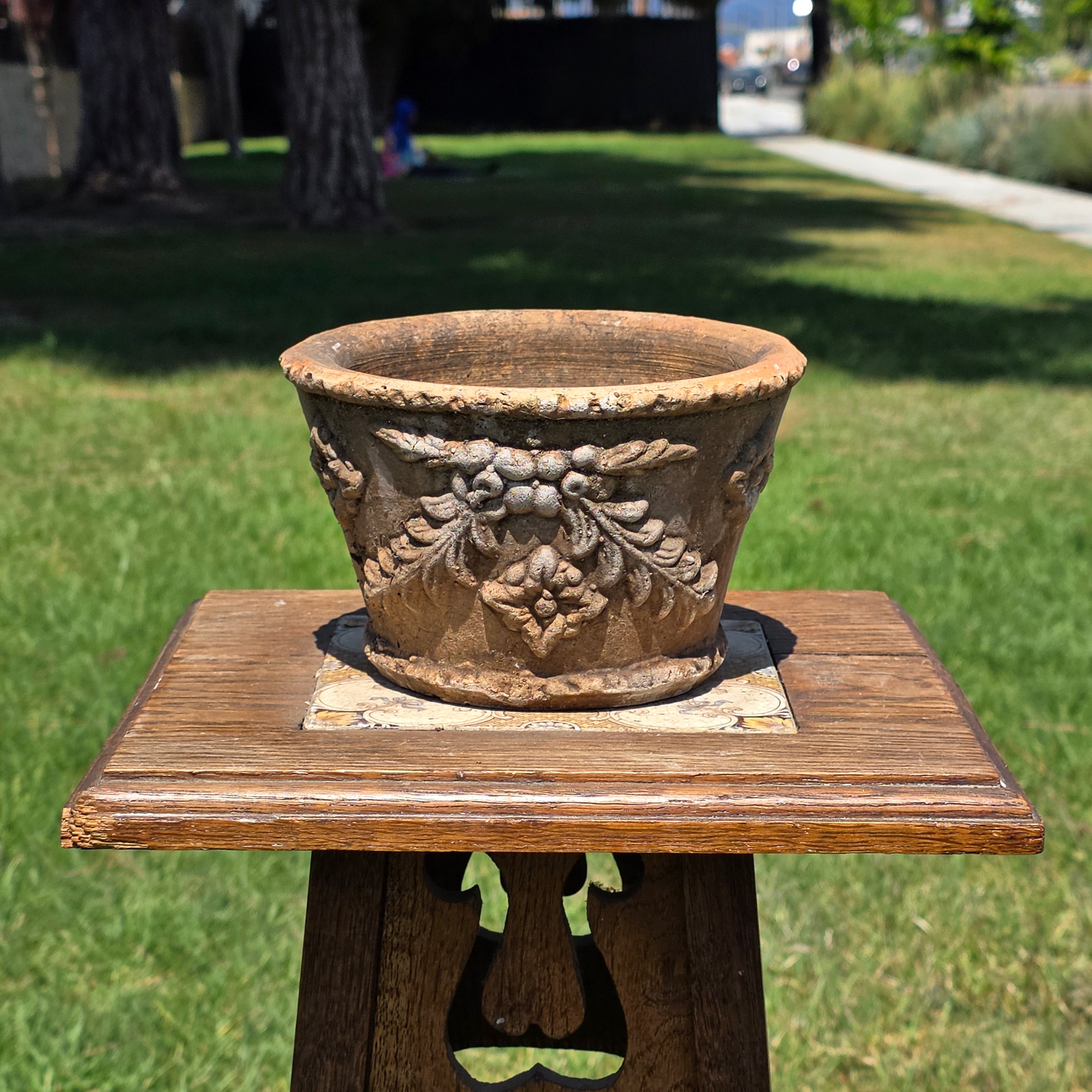 Vintage Italian Terracotta Planter Relief Flower Garland Heavy Aged Patina Italy