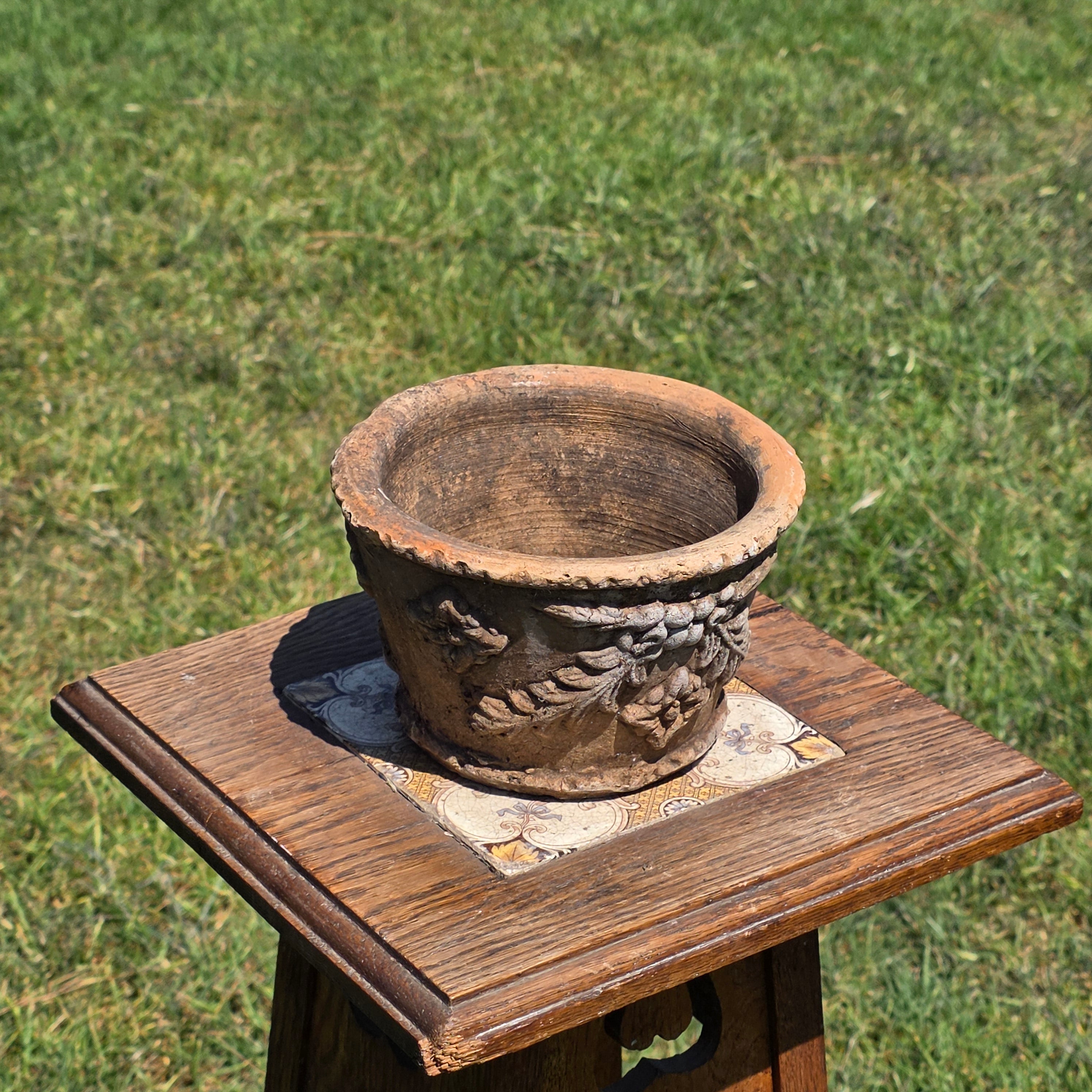 Vintage Italian Terracotta Planter Relief Flower Garland Heavy Aged Patina Italy
