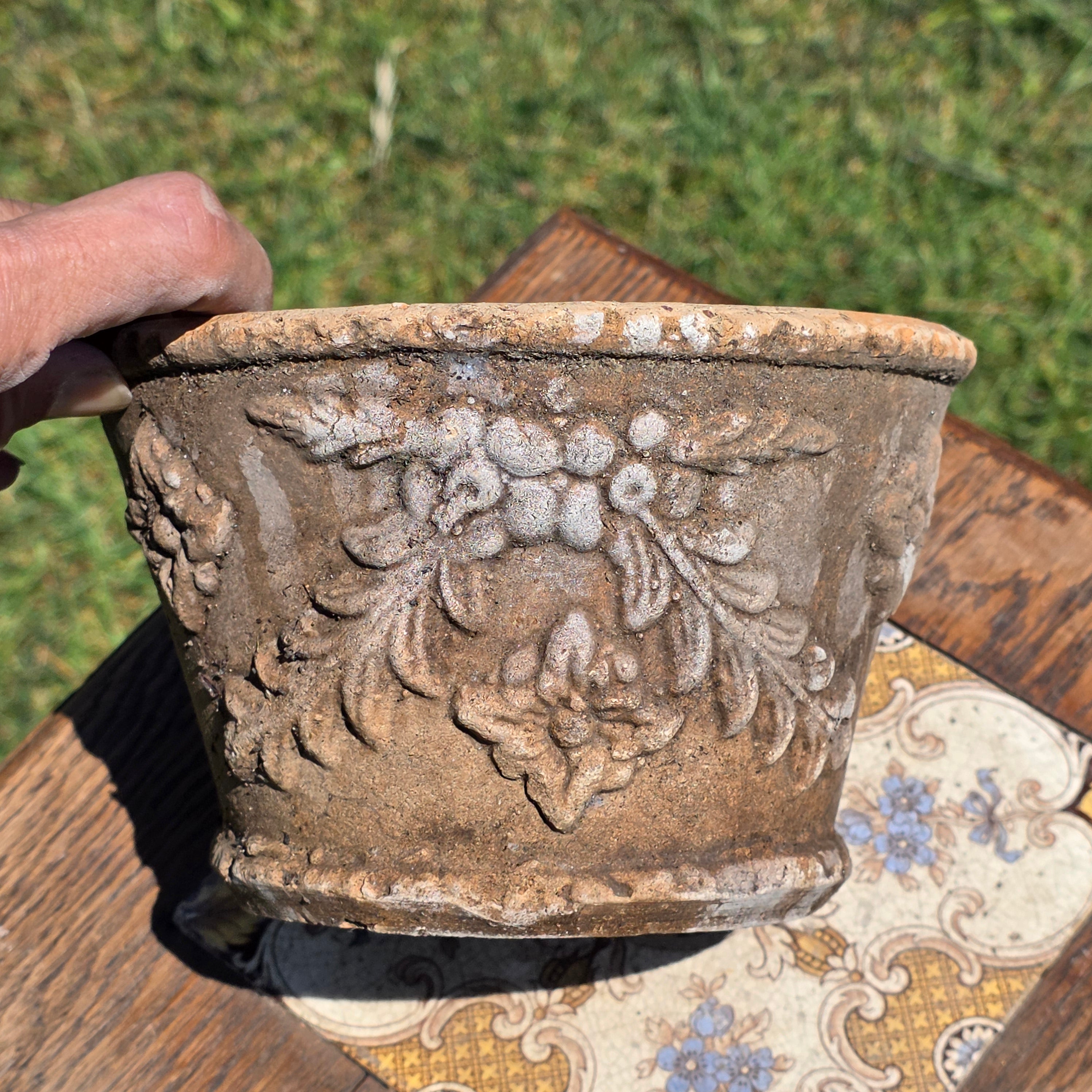 Vintage Italian Terracotta Planter Relief Flower Garland Heavy Aged Patina Italy