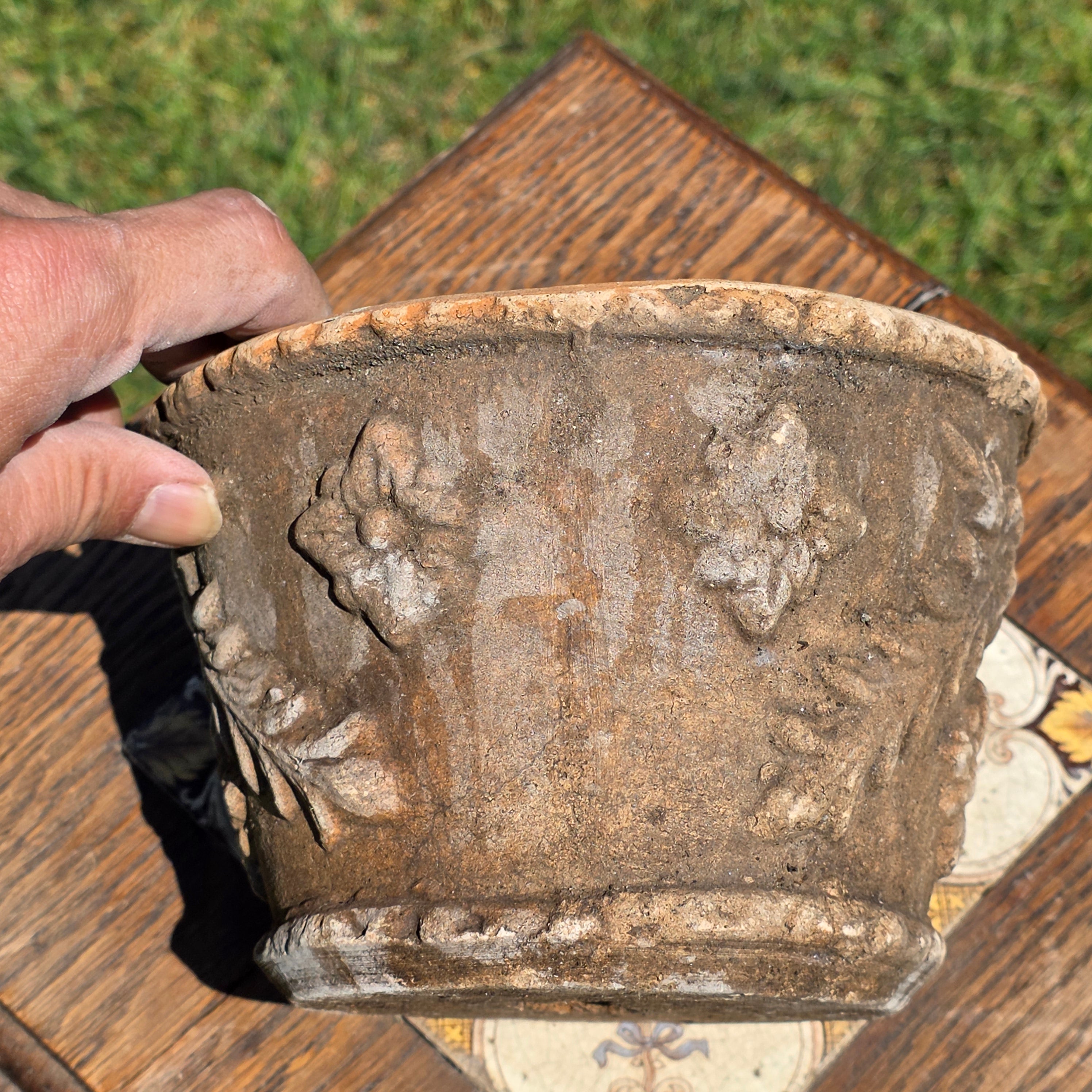 Vintage Italian Terracotta Planter Relief Flower Garland Heavy Aged Patina Italy