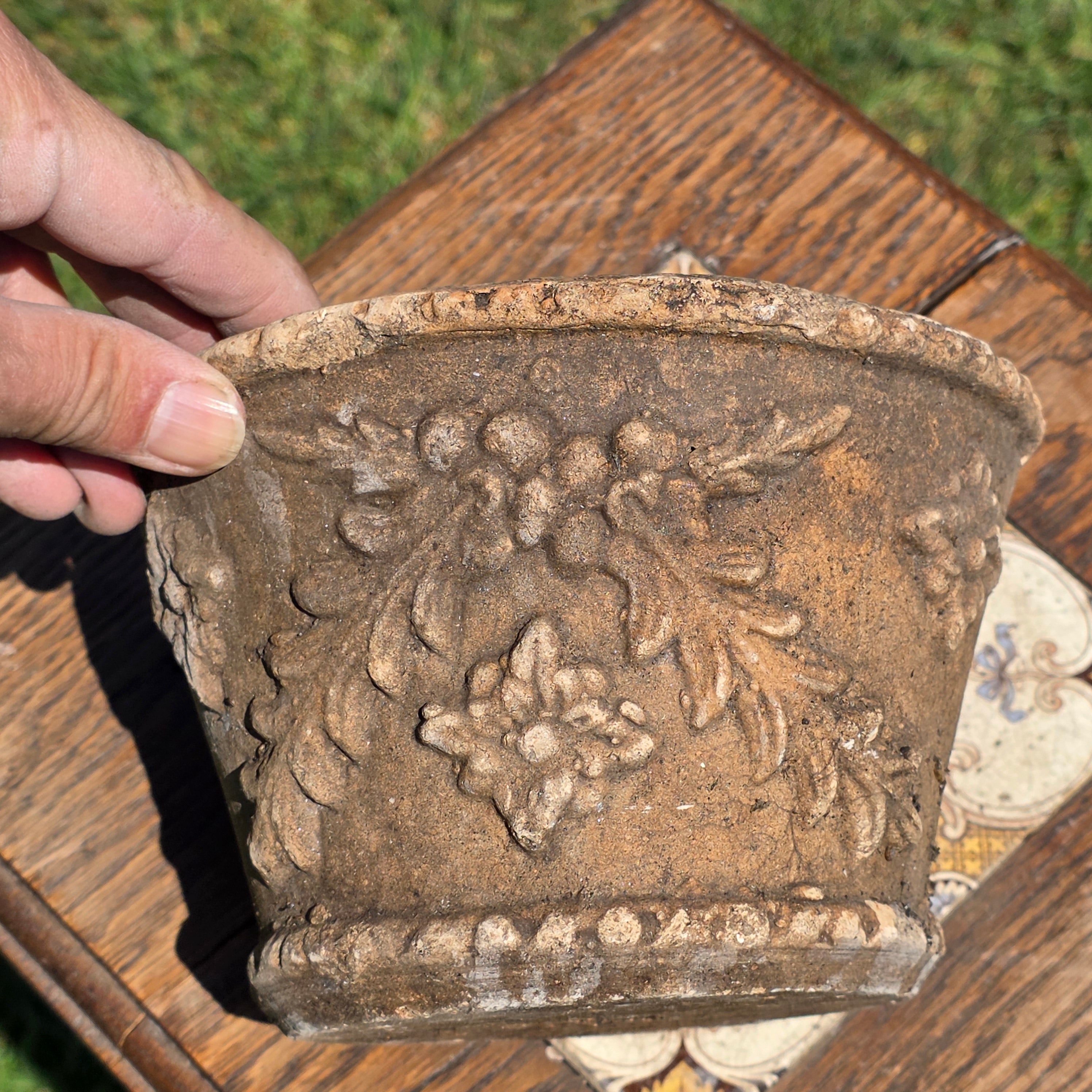 Vintage Italian Terracotta Planter Relief Flower Garland Heavy Aged Patina Italy