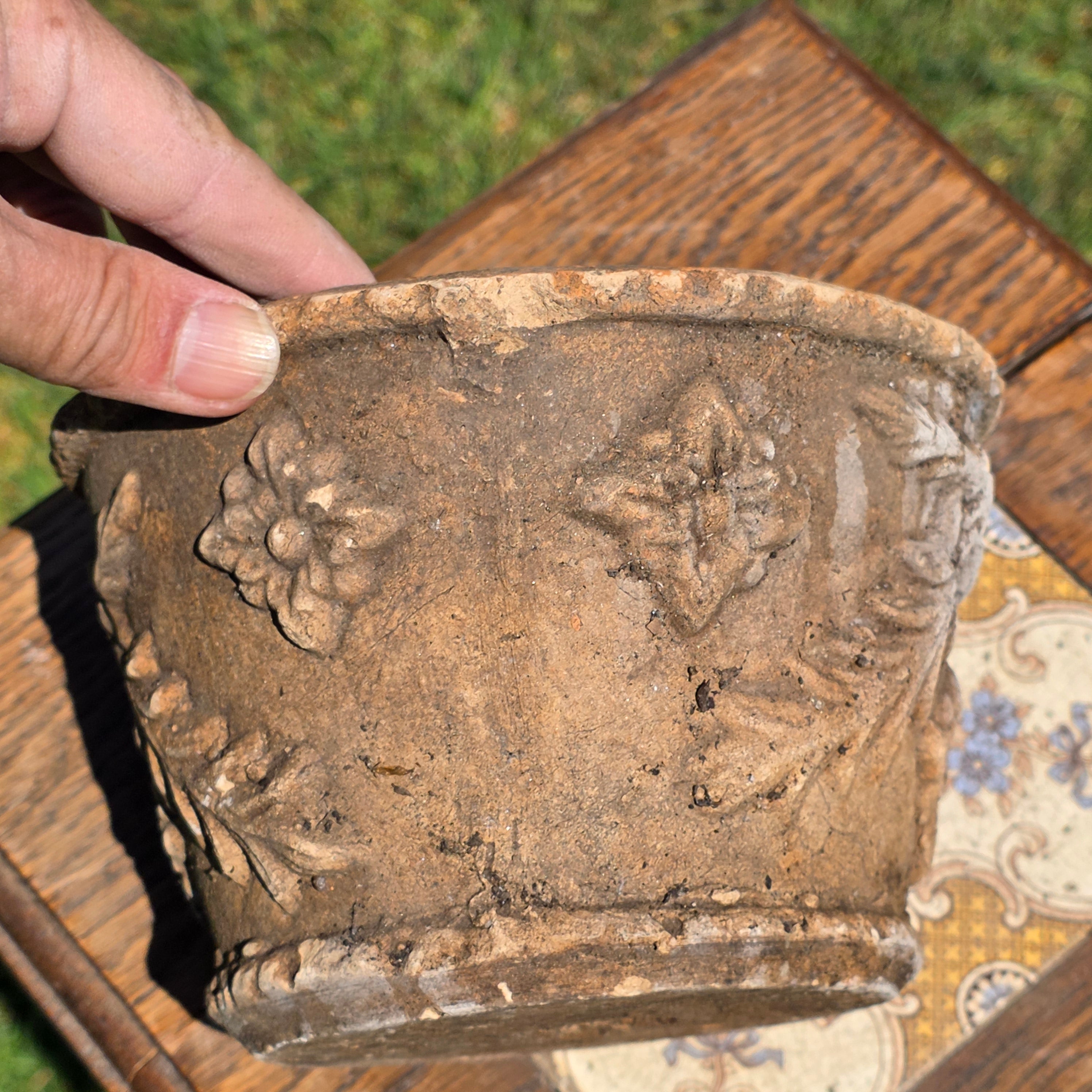 Vintage Italian Terracotta Planter Relief Flower Garland Heavy Aged Patina Italy