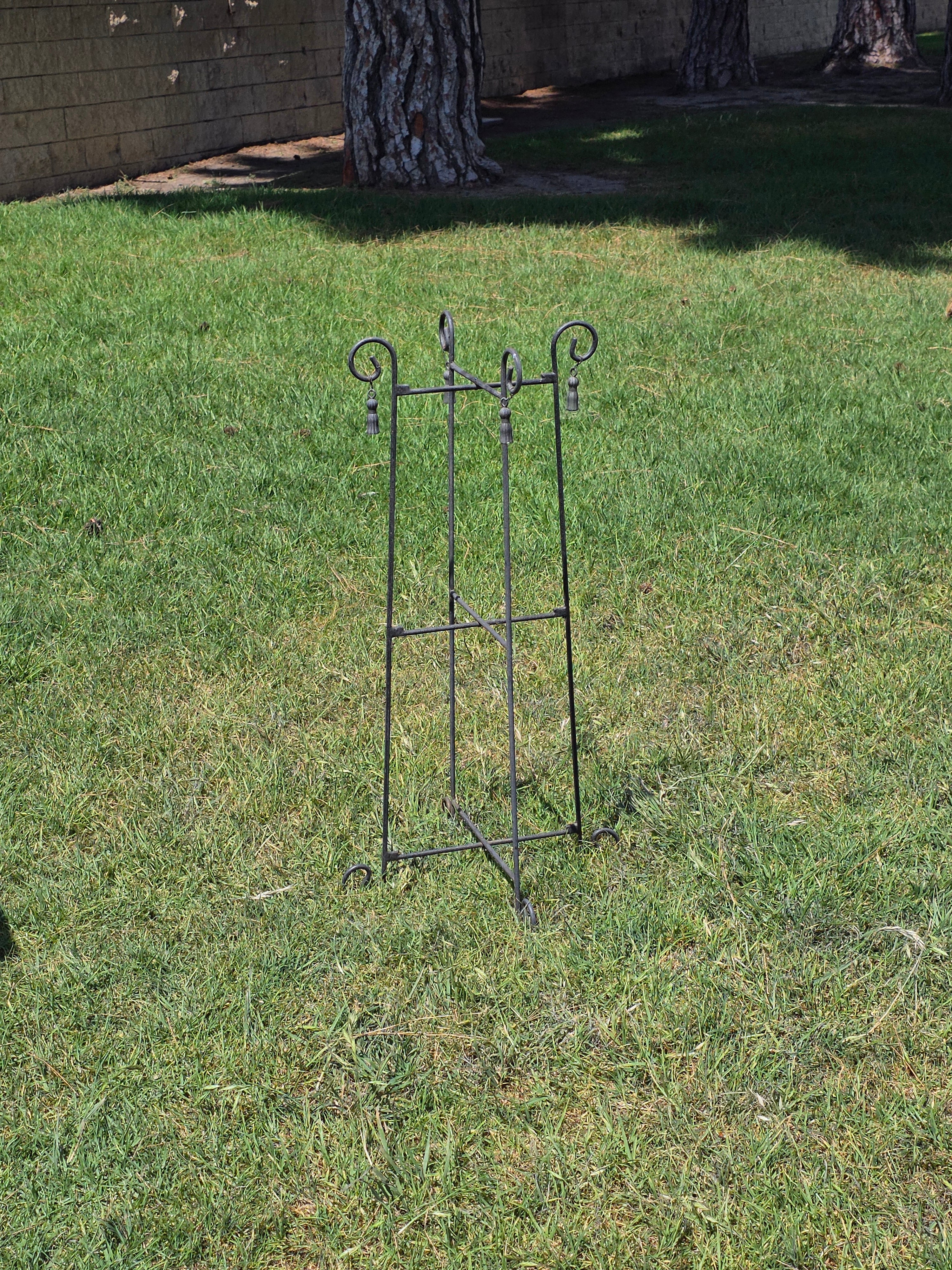 Vintage Wrought Iron Folding Plant Stand Metal Flower Pot Holder Tassel Scroll