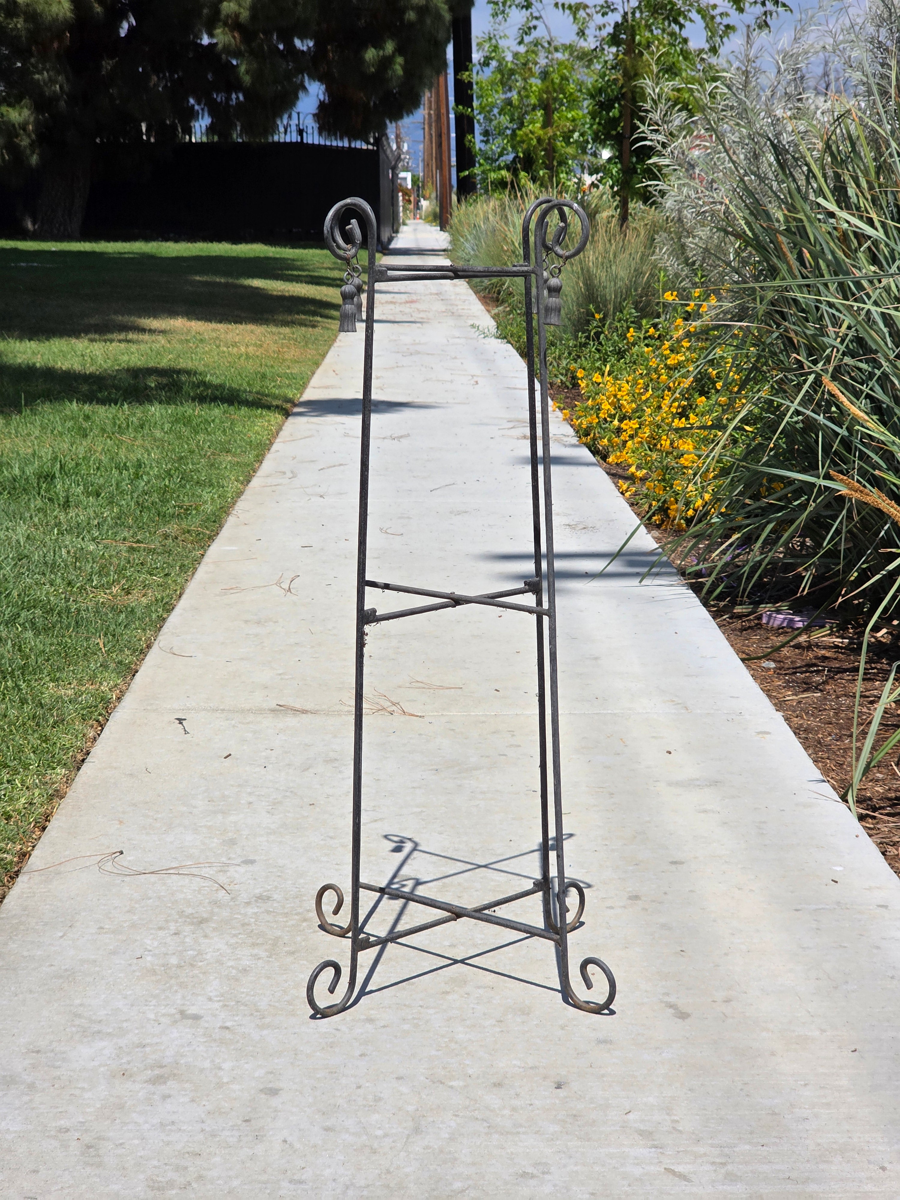 Vintage Wrought Iron Folding Plant Stand Metal Flower Pot Holder Tassel Scroll