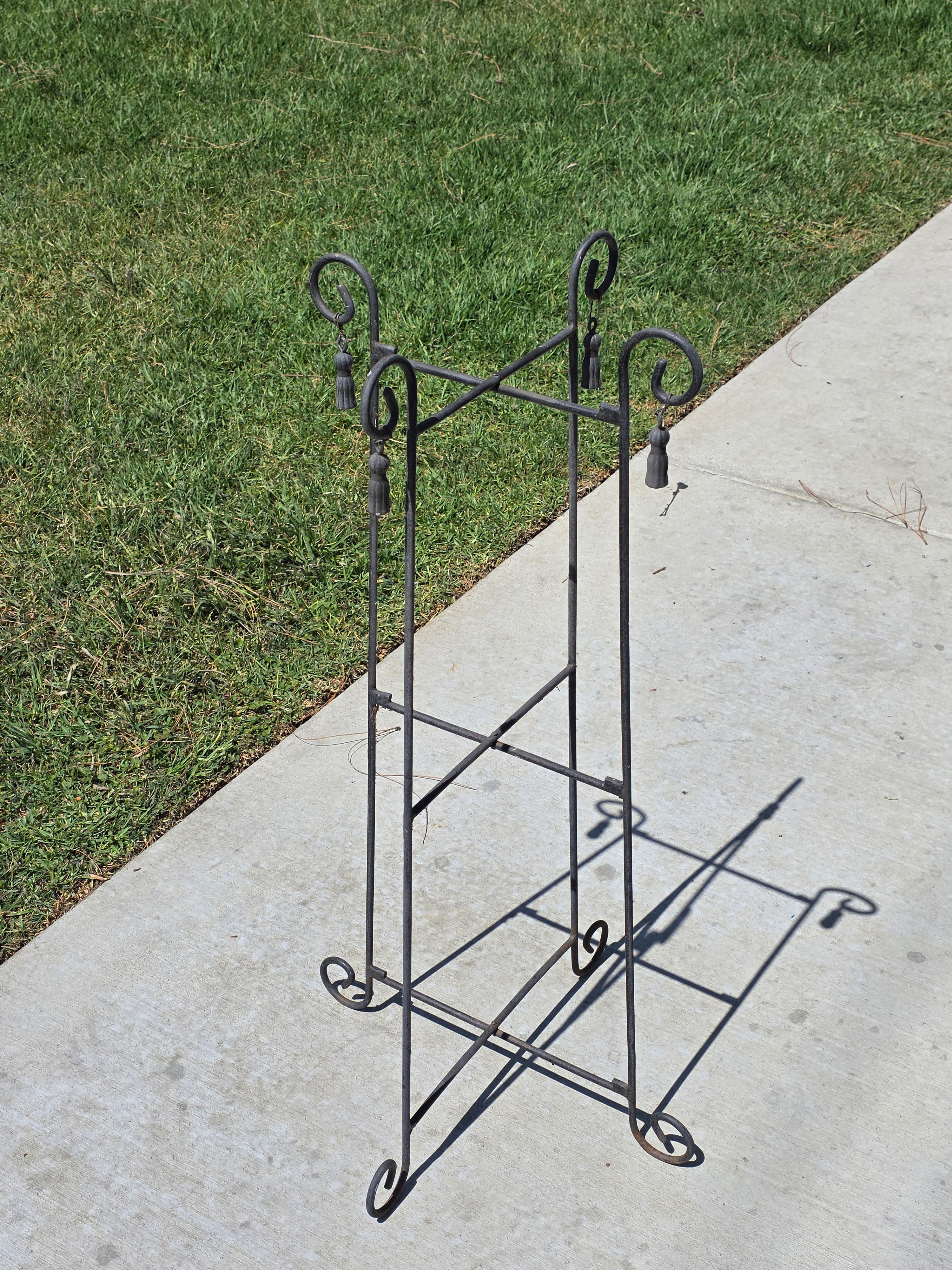 Vintage Wrought Iron Folding Plant Stand Metal Flower Pot Holder Tassel Scroll