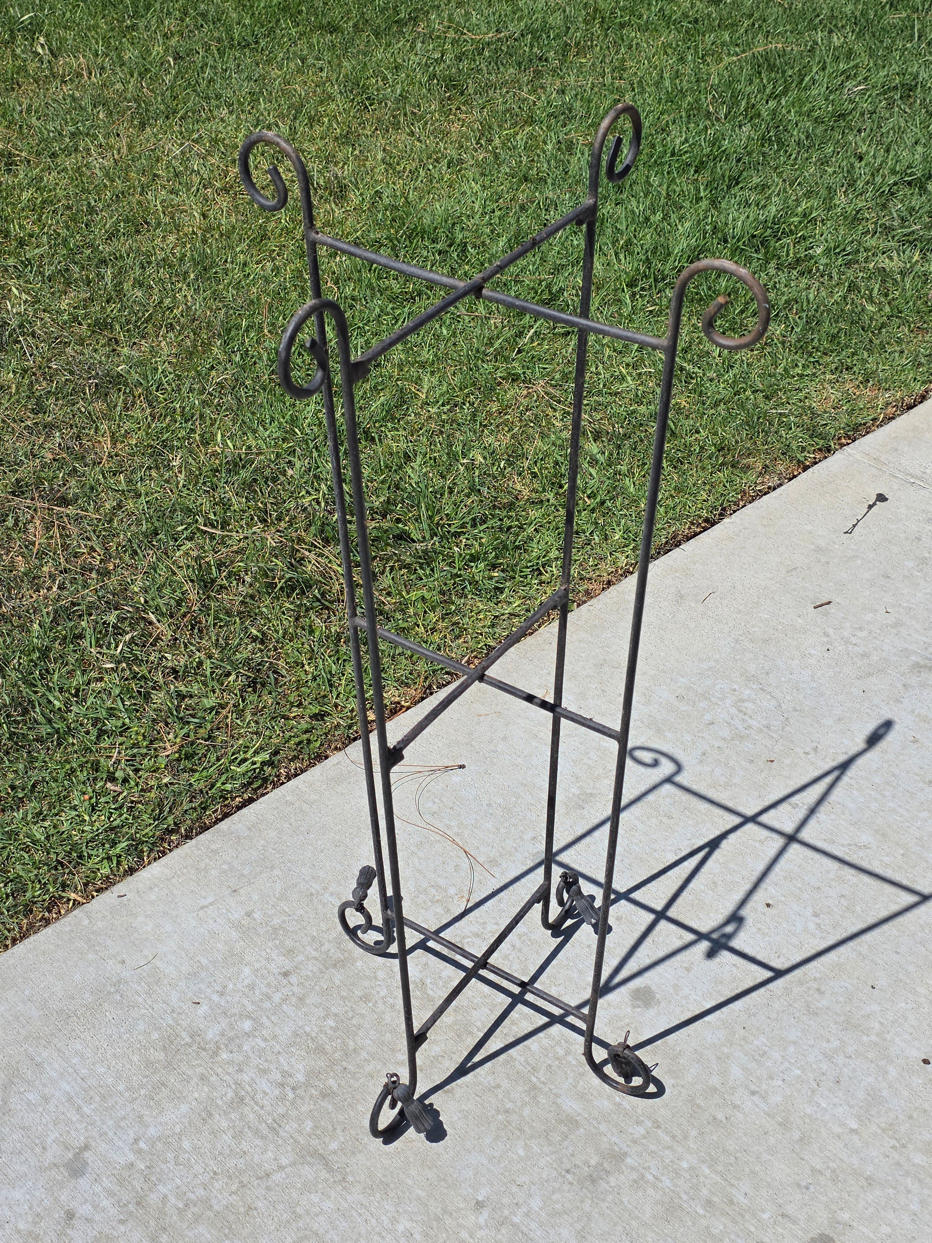 Vintage Wrought Iron Folding Plant Stand Metal Flower Pot Holder Tassel Scroll