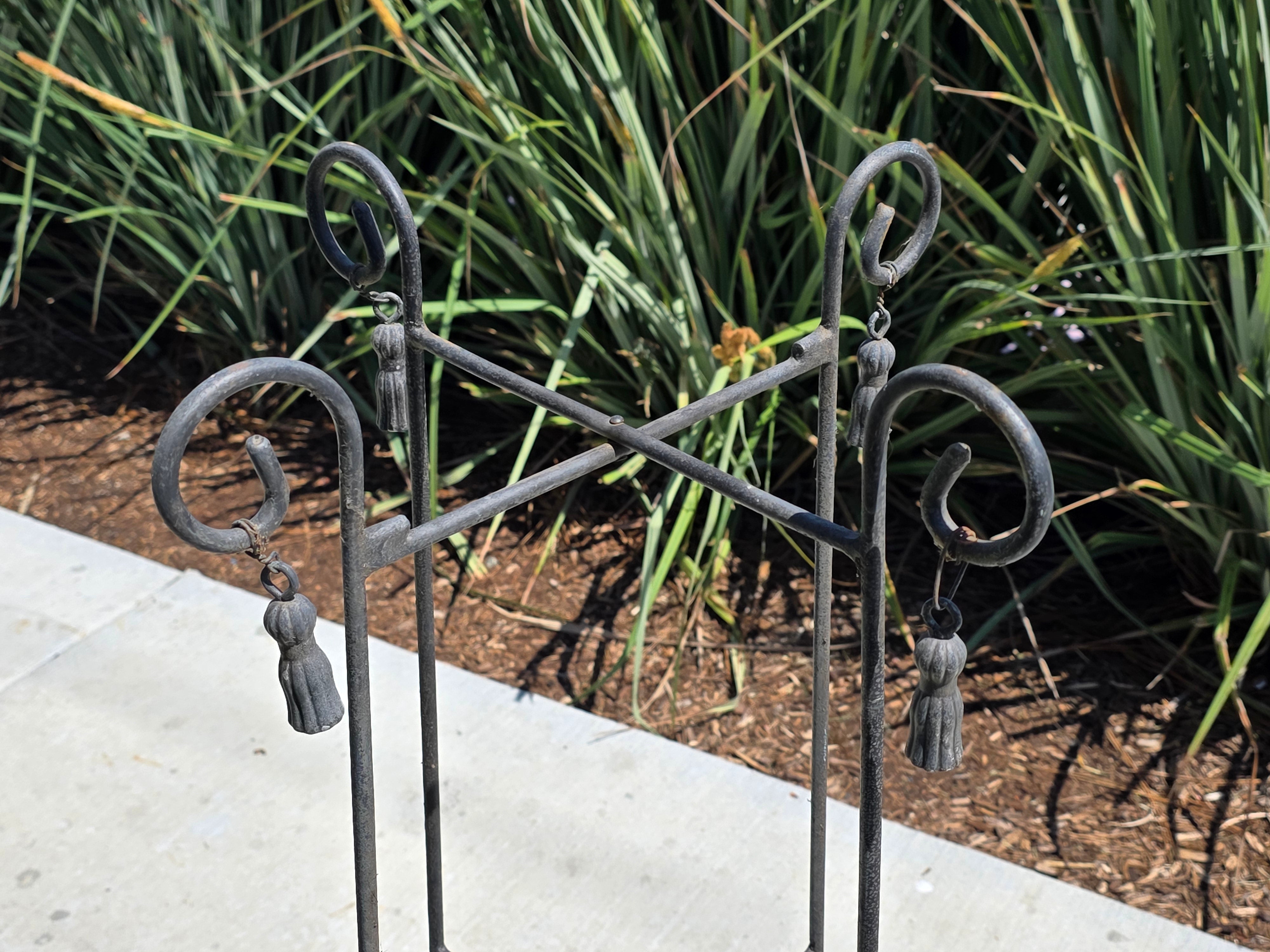 Vintage Wrought Iron Folding Plant Stand Metal Flower Pot Holder Tassel Scroll