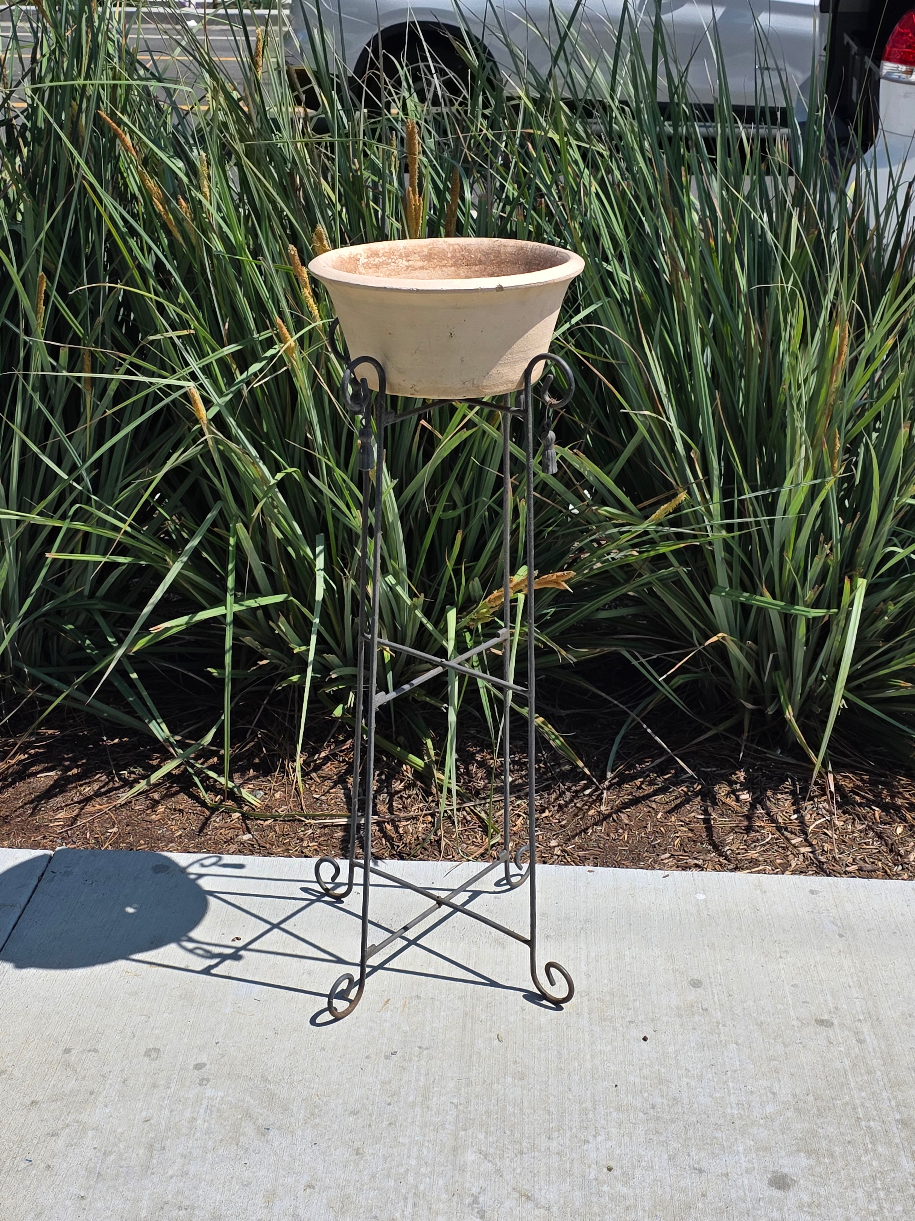 Vintage Wrought Iron Folding Plant Stand Metal Flower Pot Holder Tassel Scroll