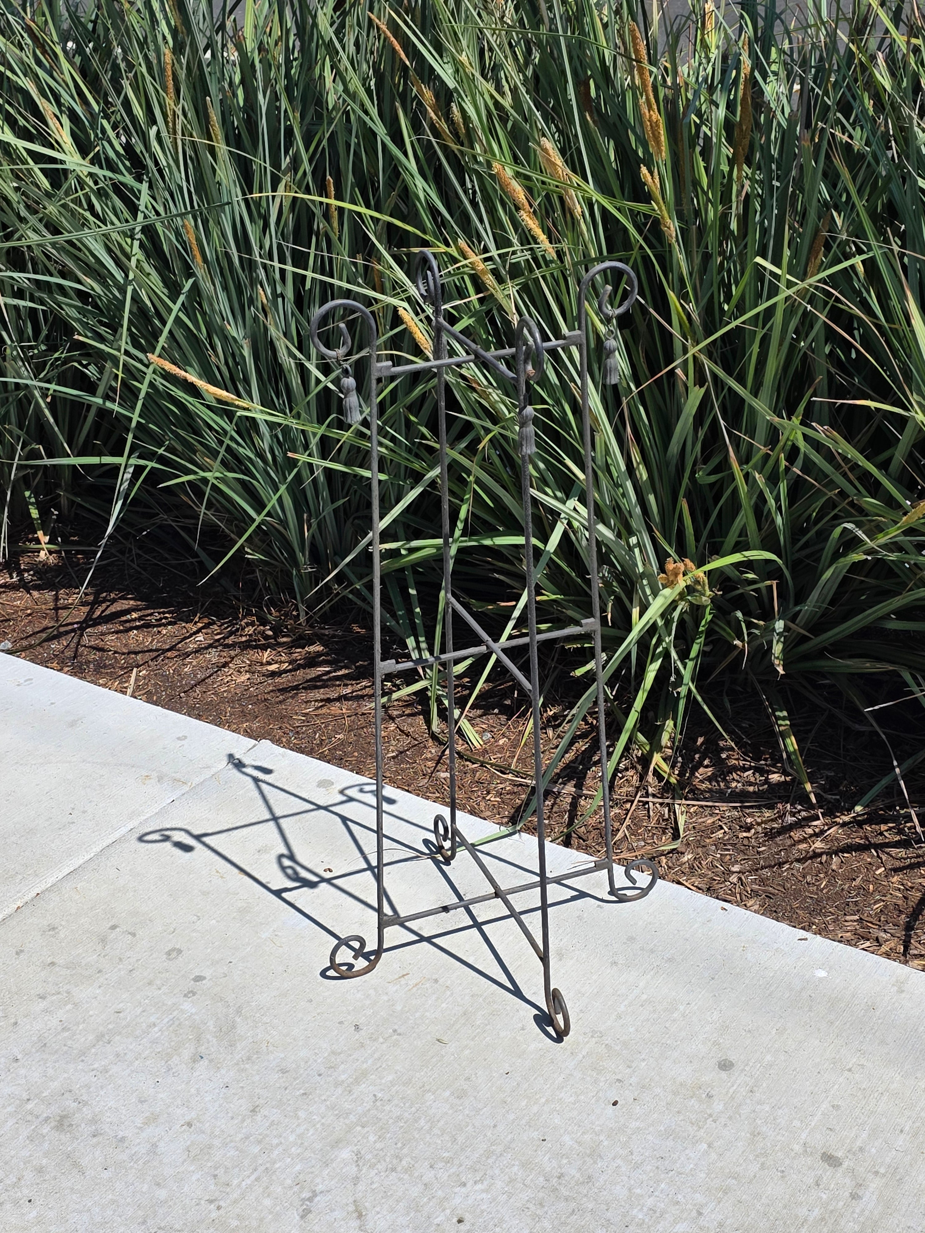 Vintage Wrought Iron Folding Plant Stand Metal Flower Pot Holder Tassel Scroll