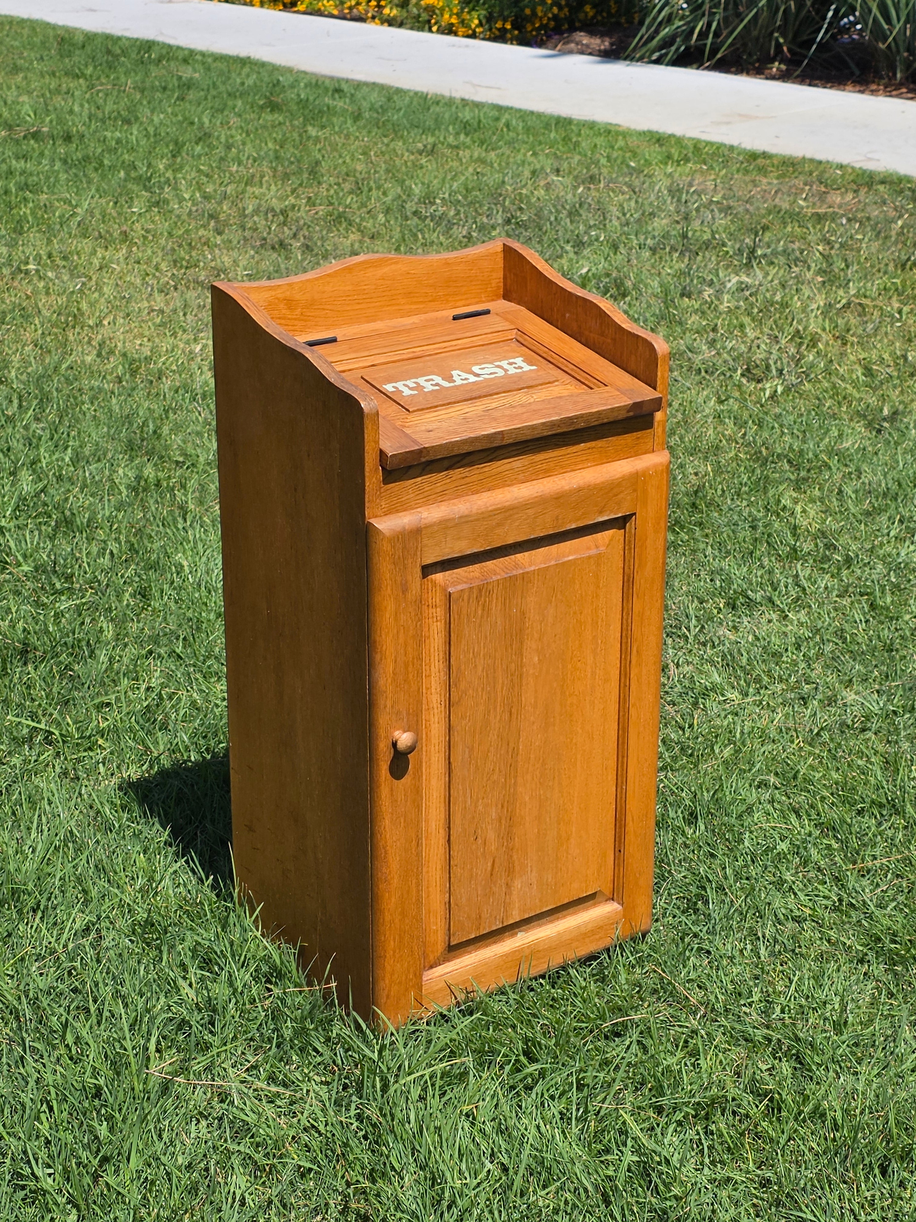 Vintage Oak Wood Trash Can Cabinet Kitchen Waste Bin Holder Country Farmhouse