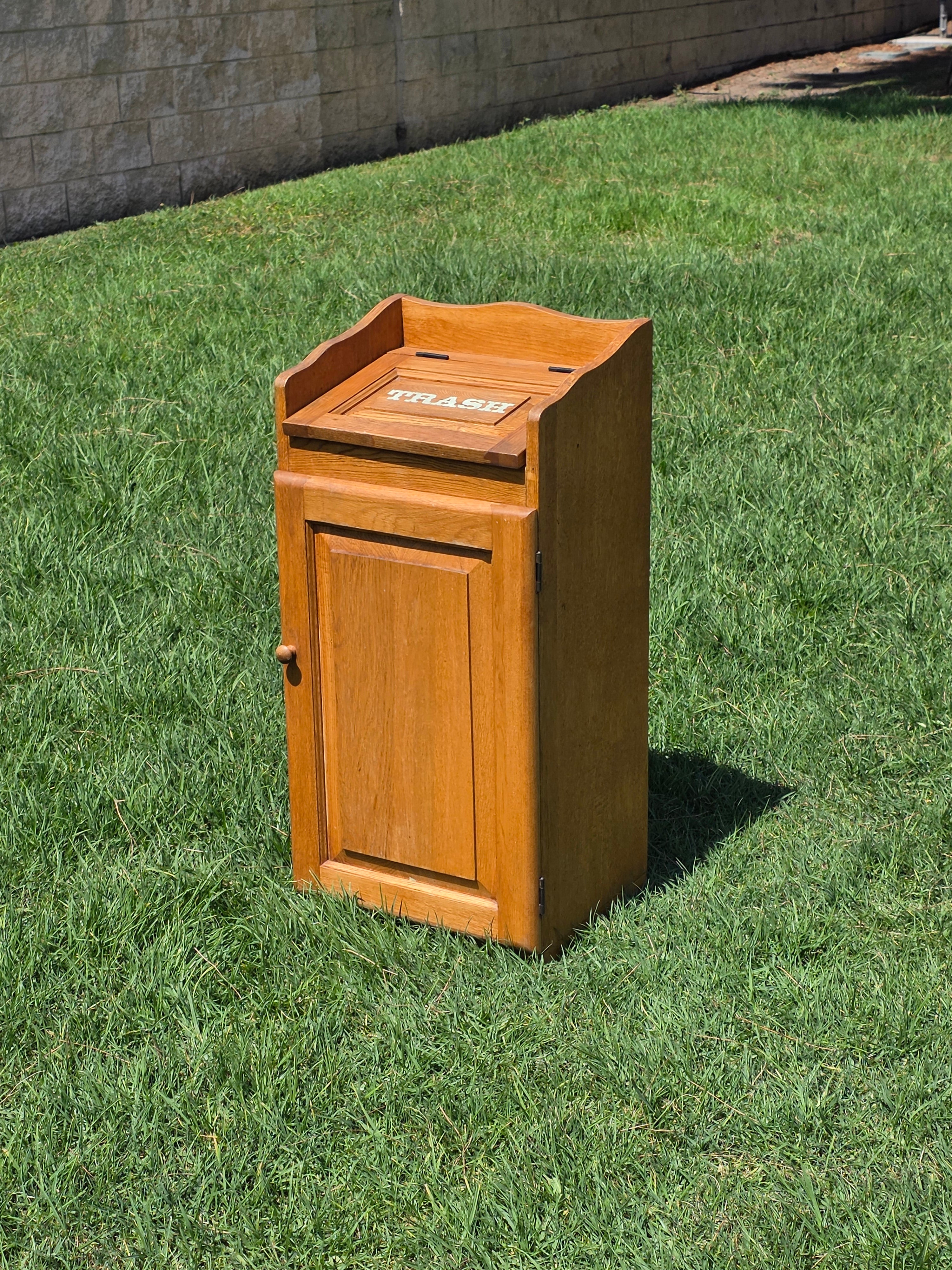 Vintage Oak Wood Trash Can Cabinet Kitchen Waste Bin Holder Country Farmhouse
