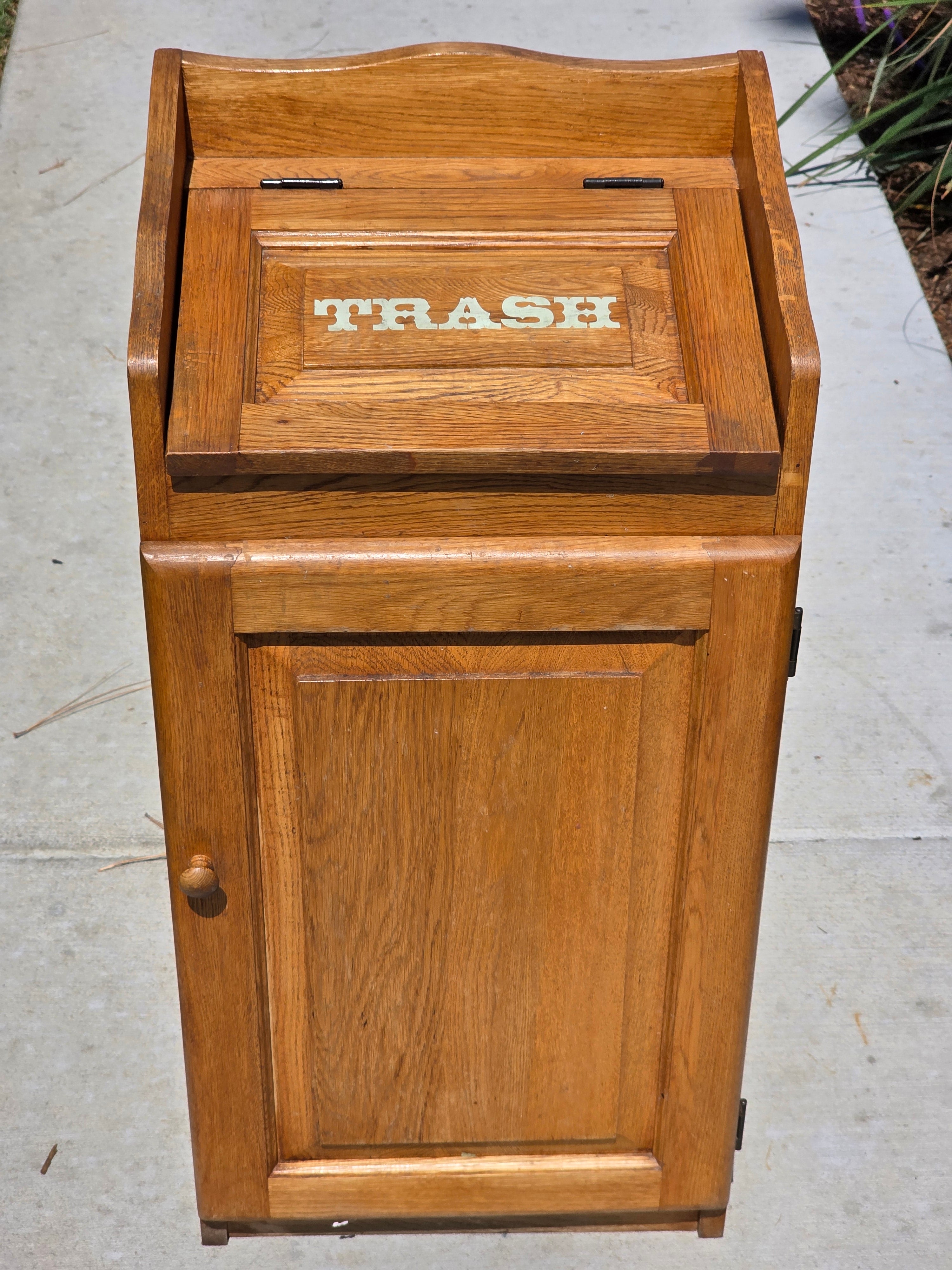 Vintage Oak Wood Trash Can Cabinet Kitchen Waste Bin Holder Country Farmhouse