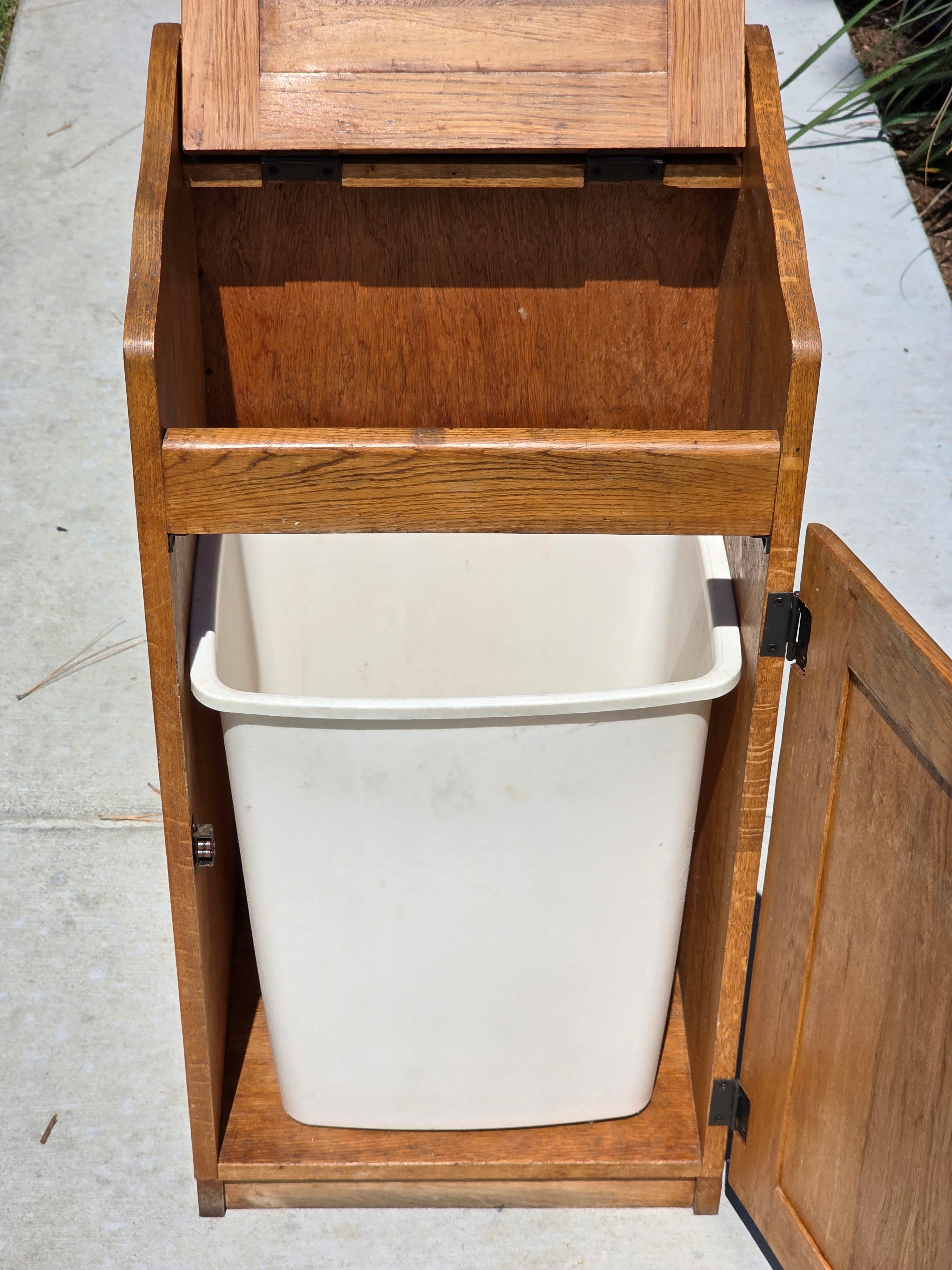 Vintage Oak Wood Trash Can Cabinet Kitchen Waste Bin Holder Country Farmhouse