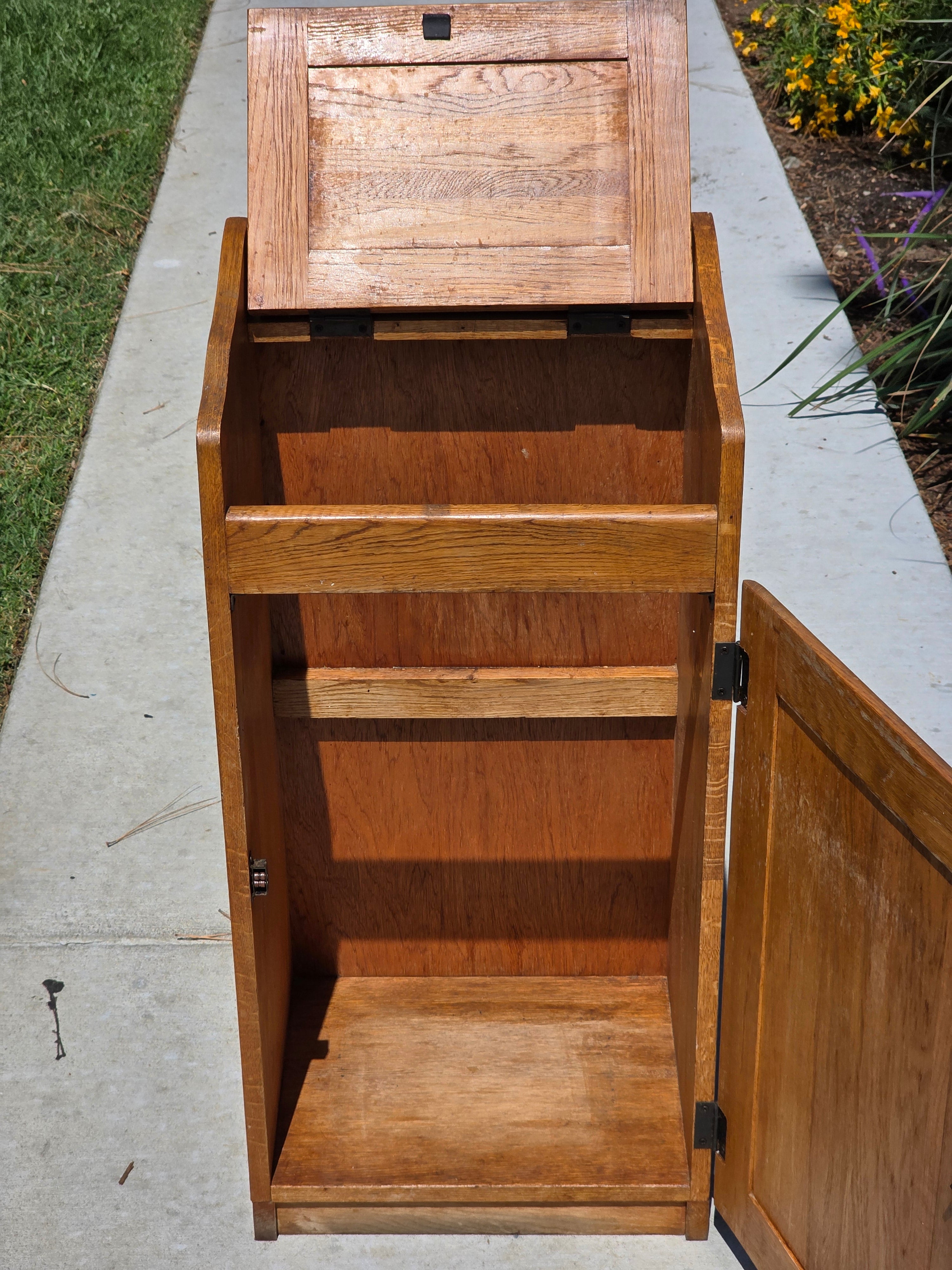 Vintage Oak Wood Trash Can Cabinet Kitchen Waste Bin Holder Country Farmhouse
