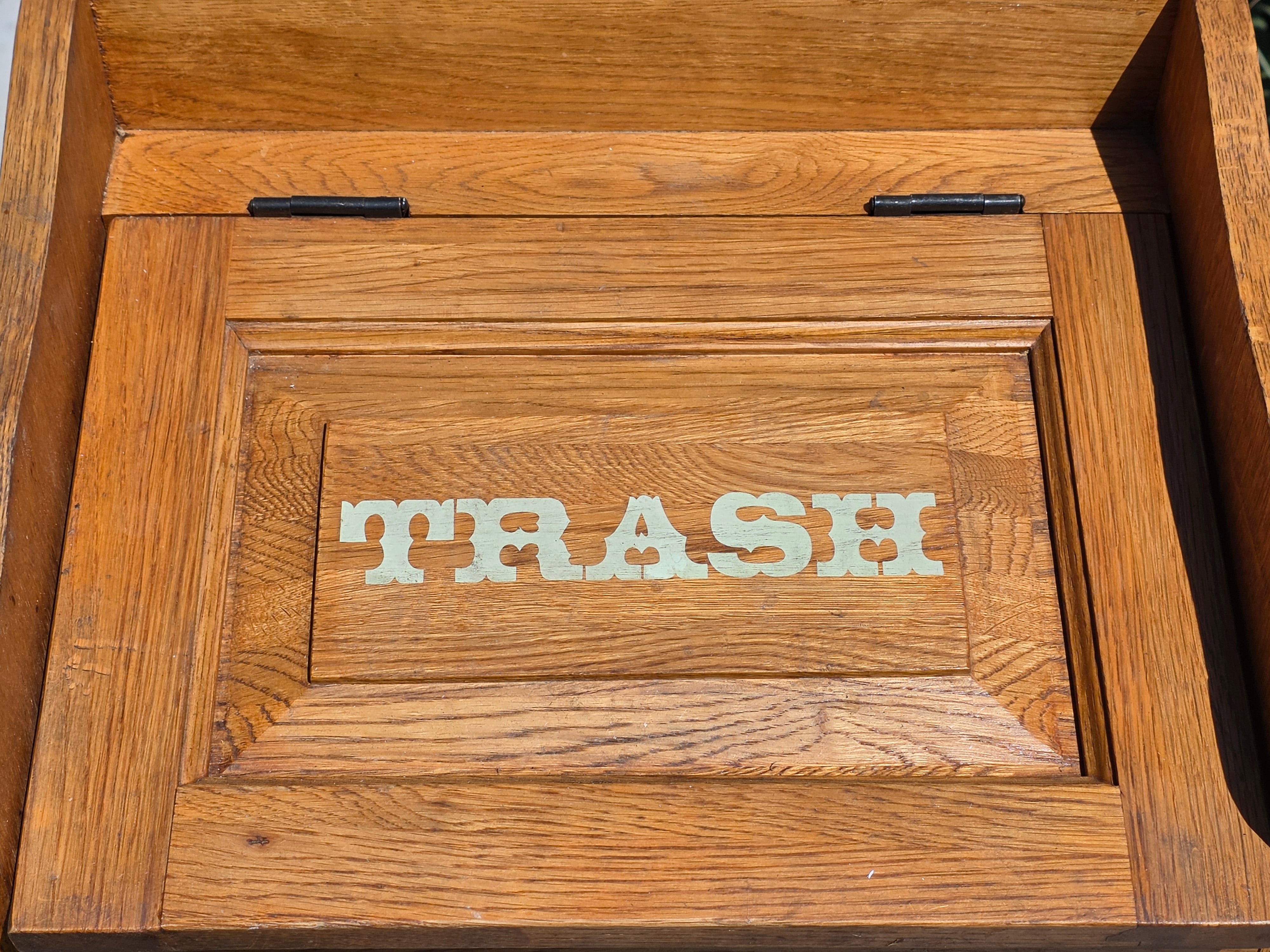 Vintage Oak Wood Trash Can Cabinet Kitchen Waste Bin Holder Country Farmhouse