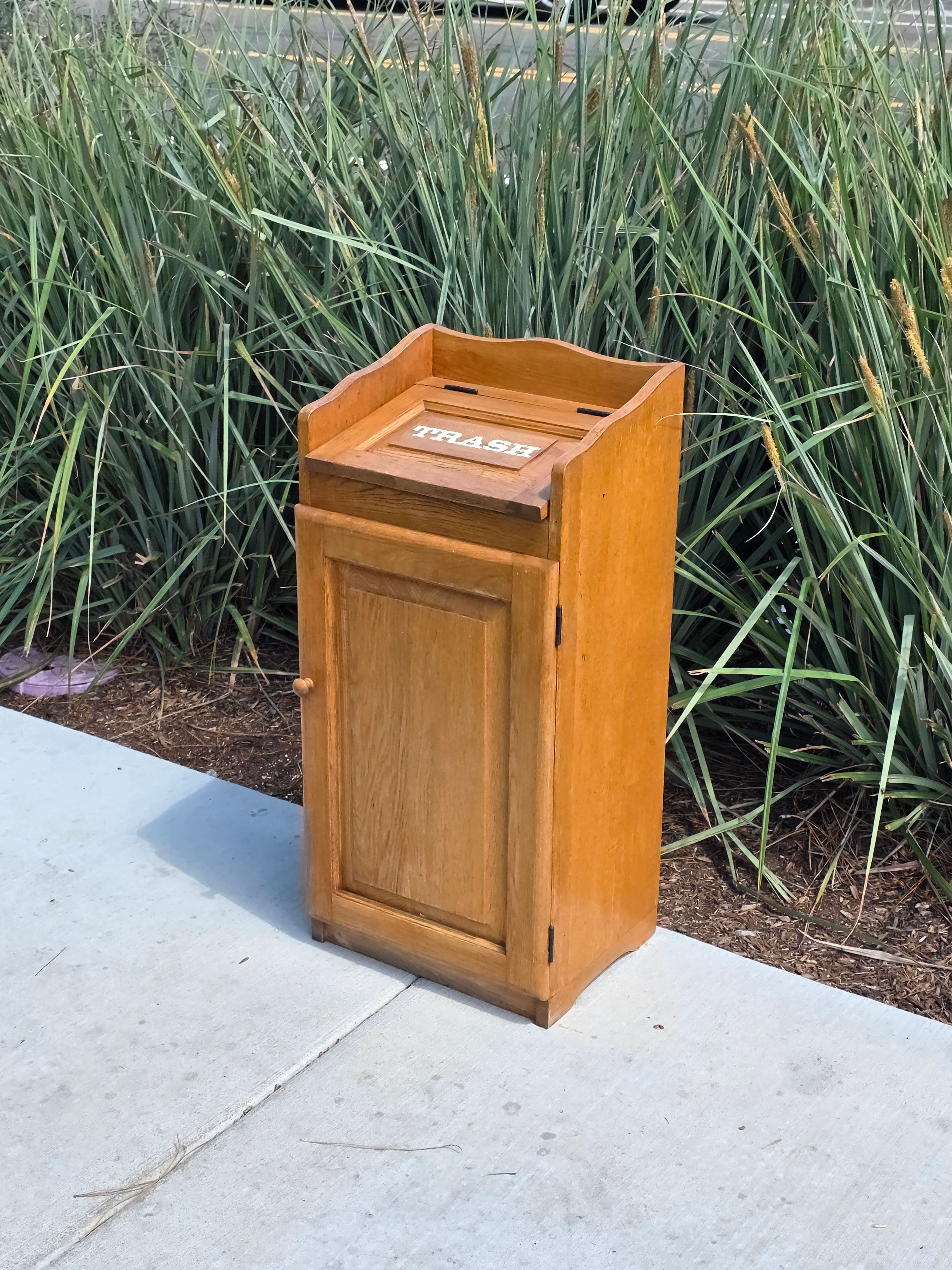 Vintage Oak Wood Trash Can Cabinet Kitchen Waste Bin Holder Country Farmhouse