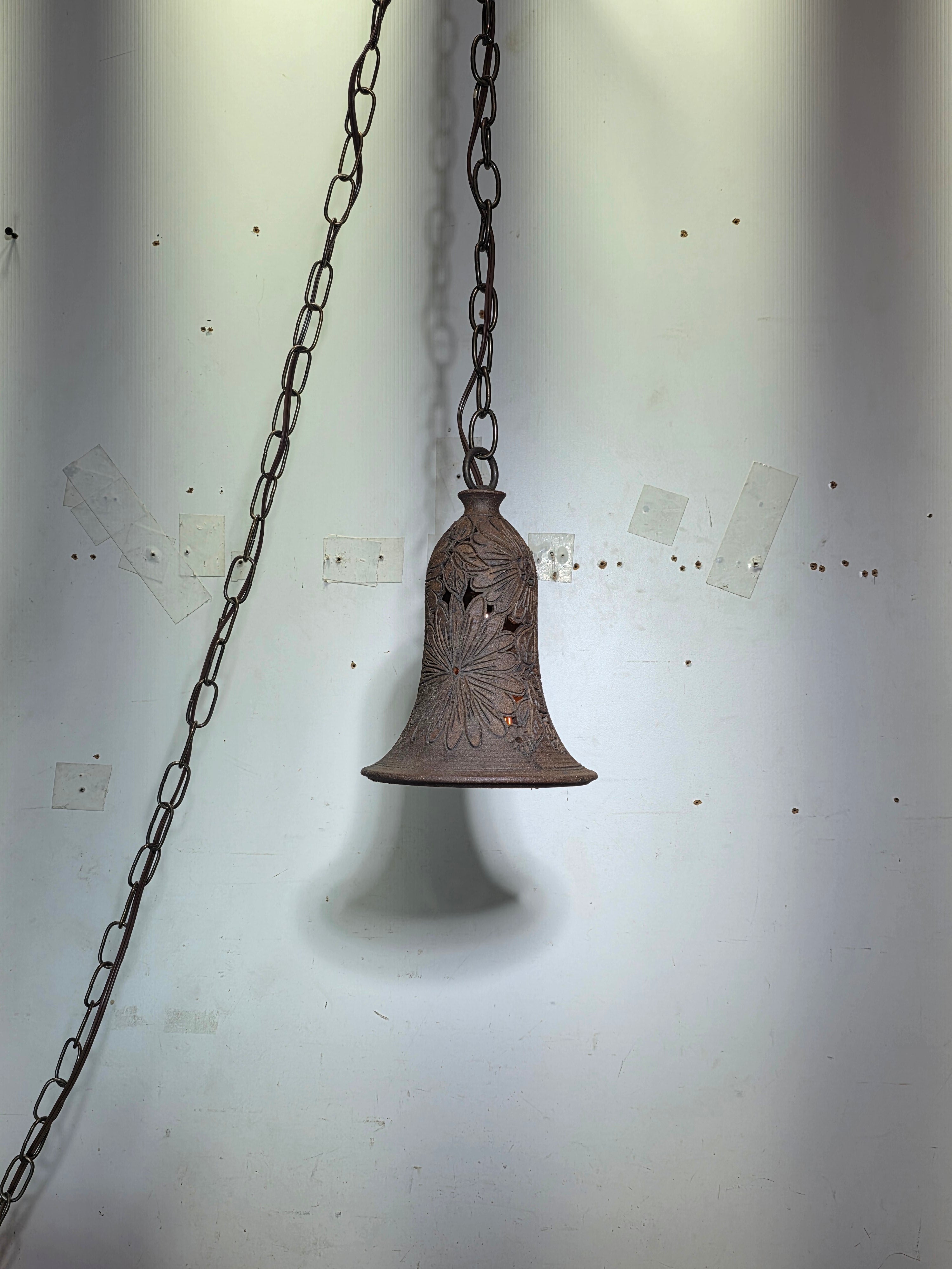 Artist Signed Studio Pottery Pendant Light Vintage Garden Bell Hollywood Estate