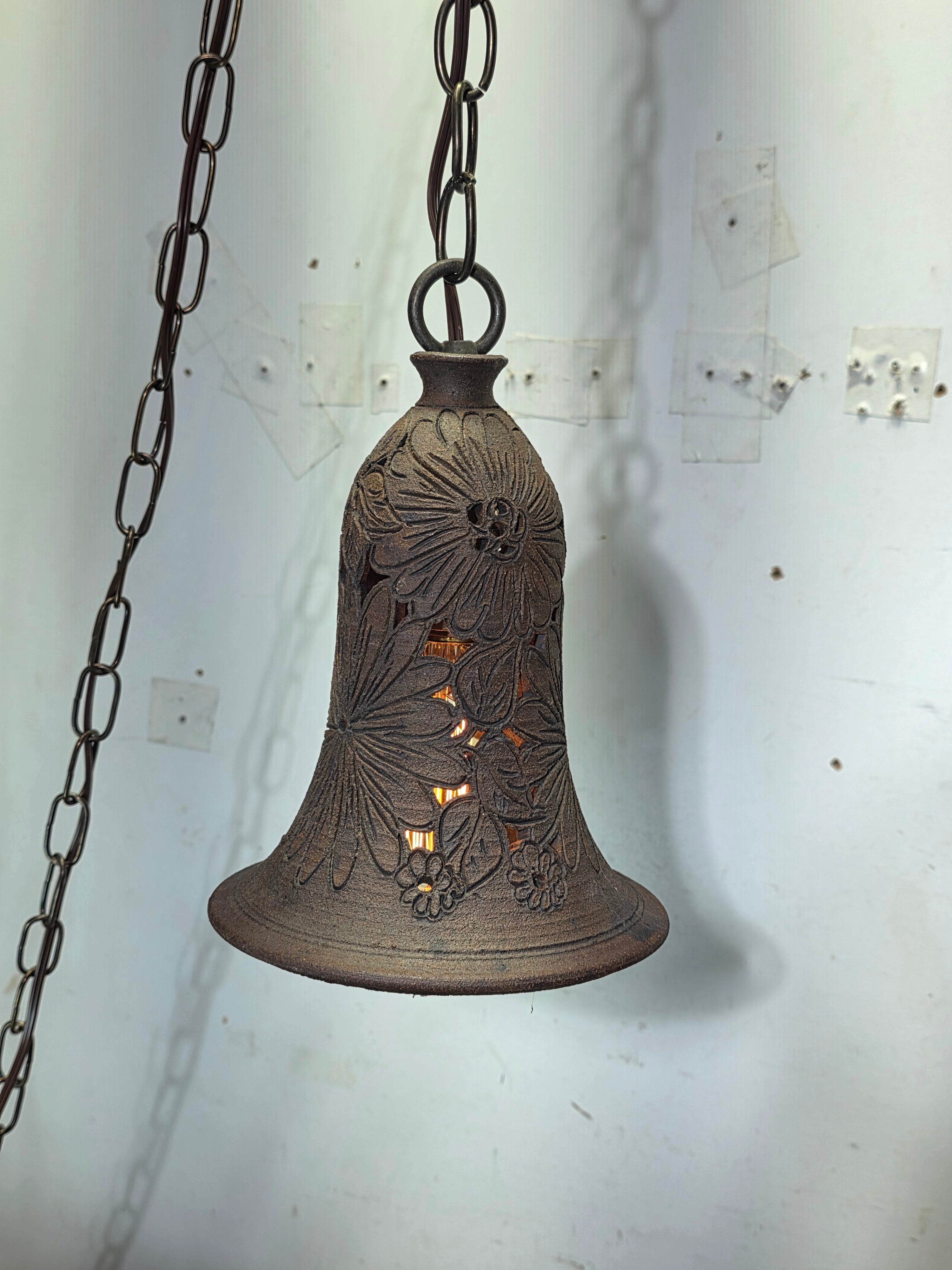 Artist Signed Studio Pottery Pendant Light Vintage Garden Bell Hollywood Estate