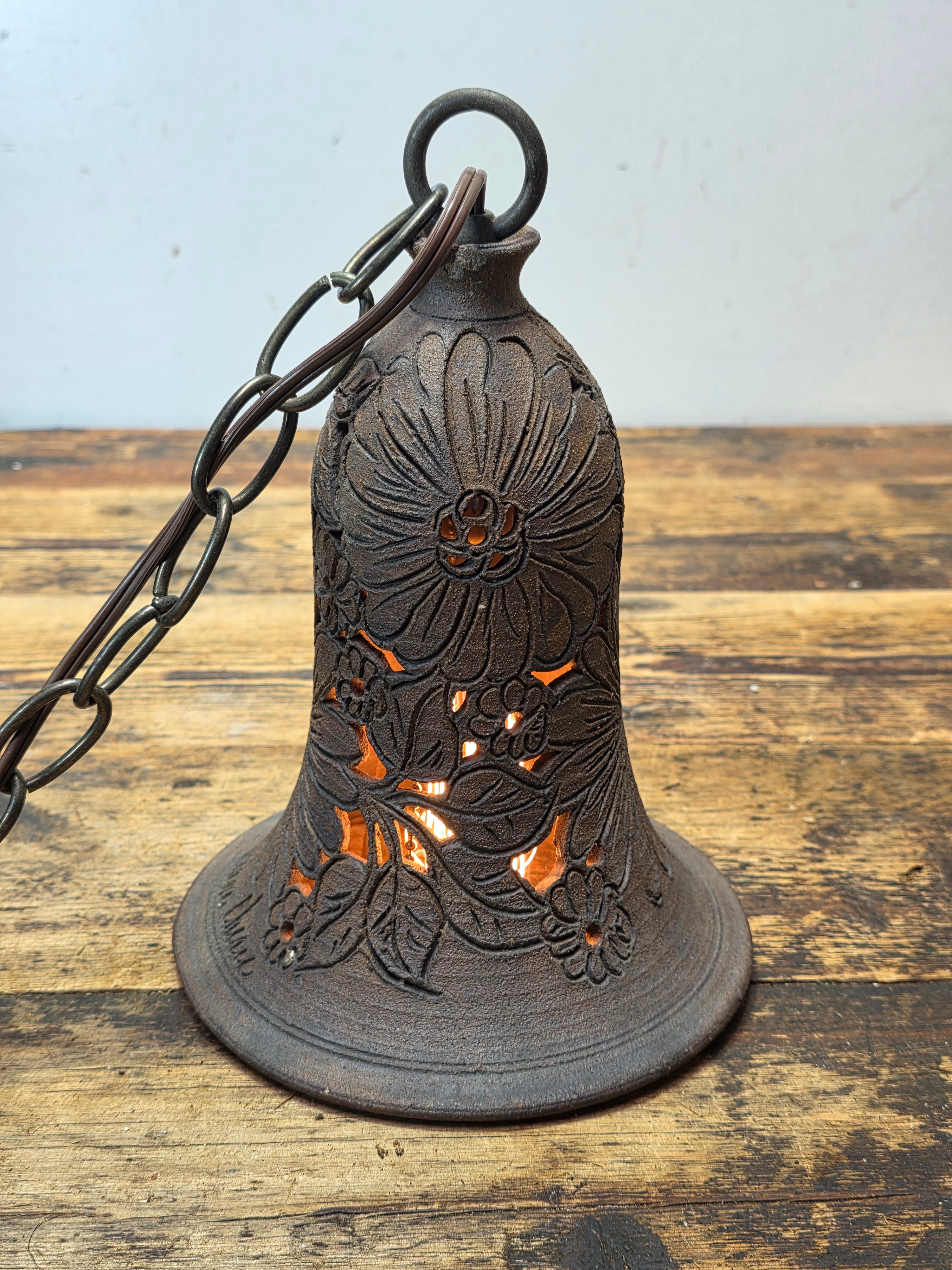 Artist Signed Studio Pottery Pendant Light Vintage Garden Bell Hollywood Estate