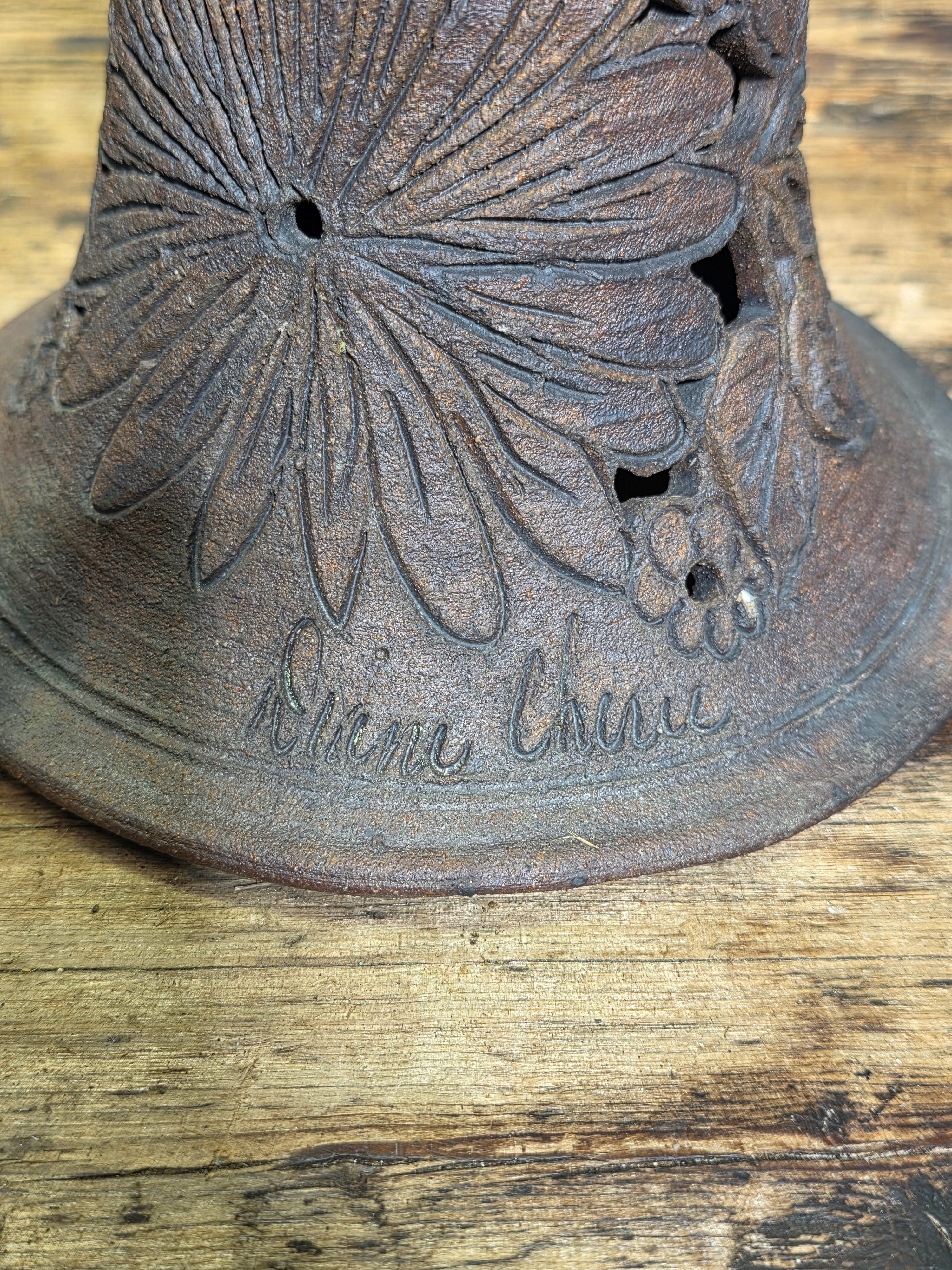 Artist Signed Studio Pottery Pendant Light Vintage Garden Bell Hollywood Estate