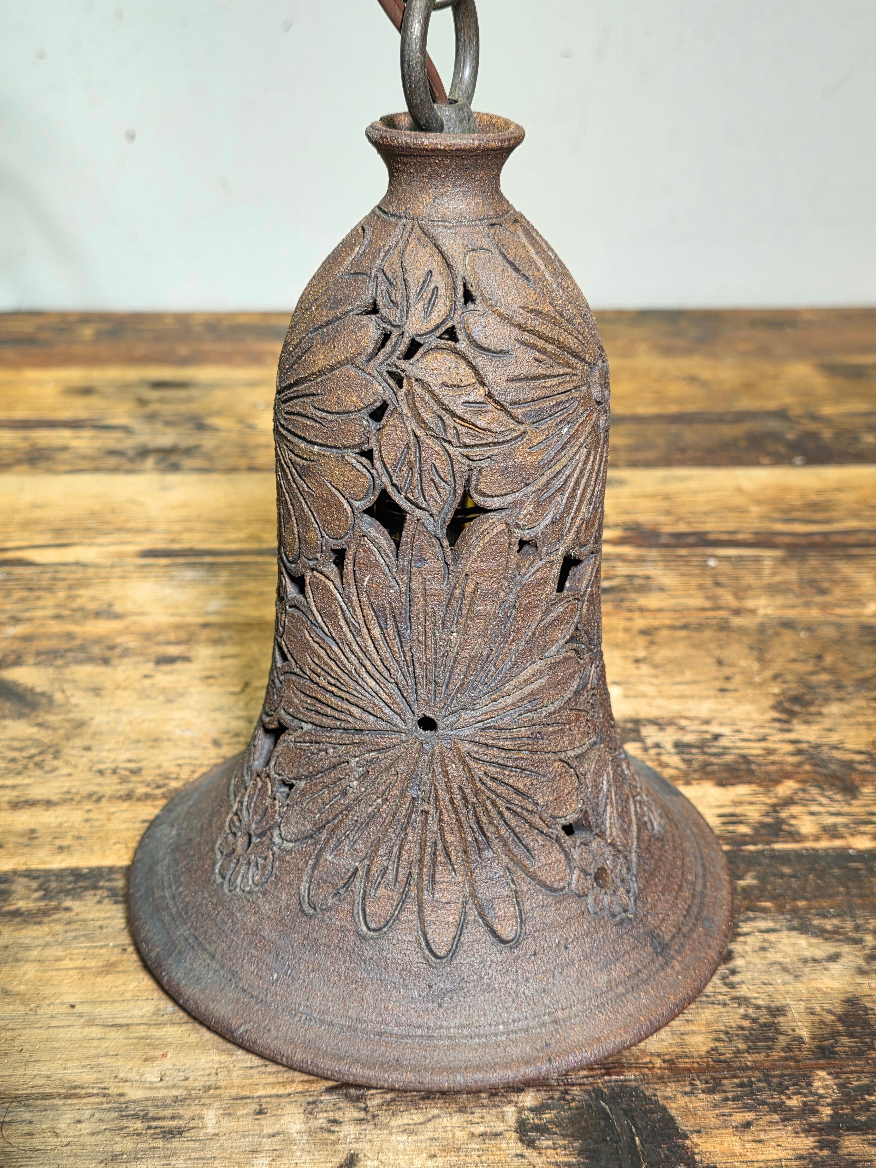 Artist Signed Studio Pottery Pendant Light Vintage Garden Bell Hollywood Estate