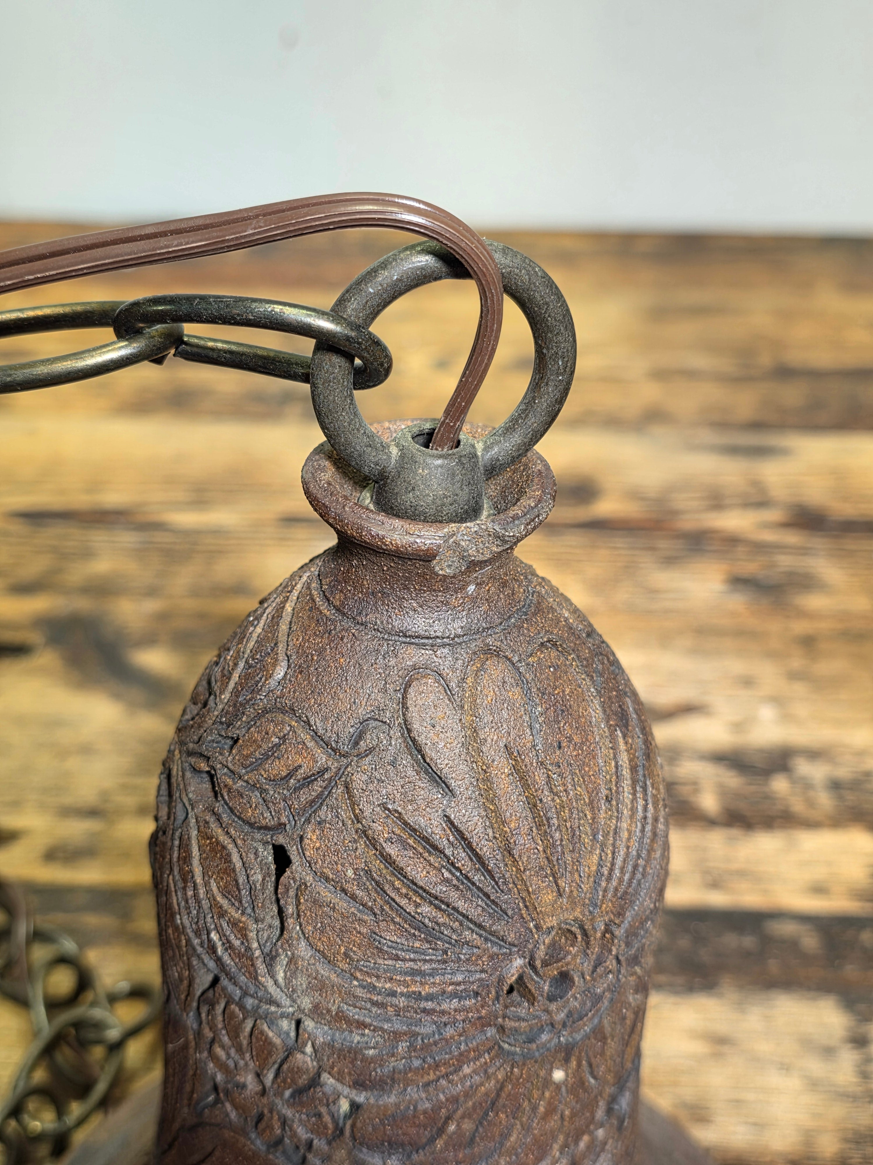Artist Signed Studio Pottery Pendant Light Vintage Garden Bell Hollywood Estate