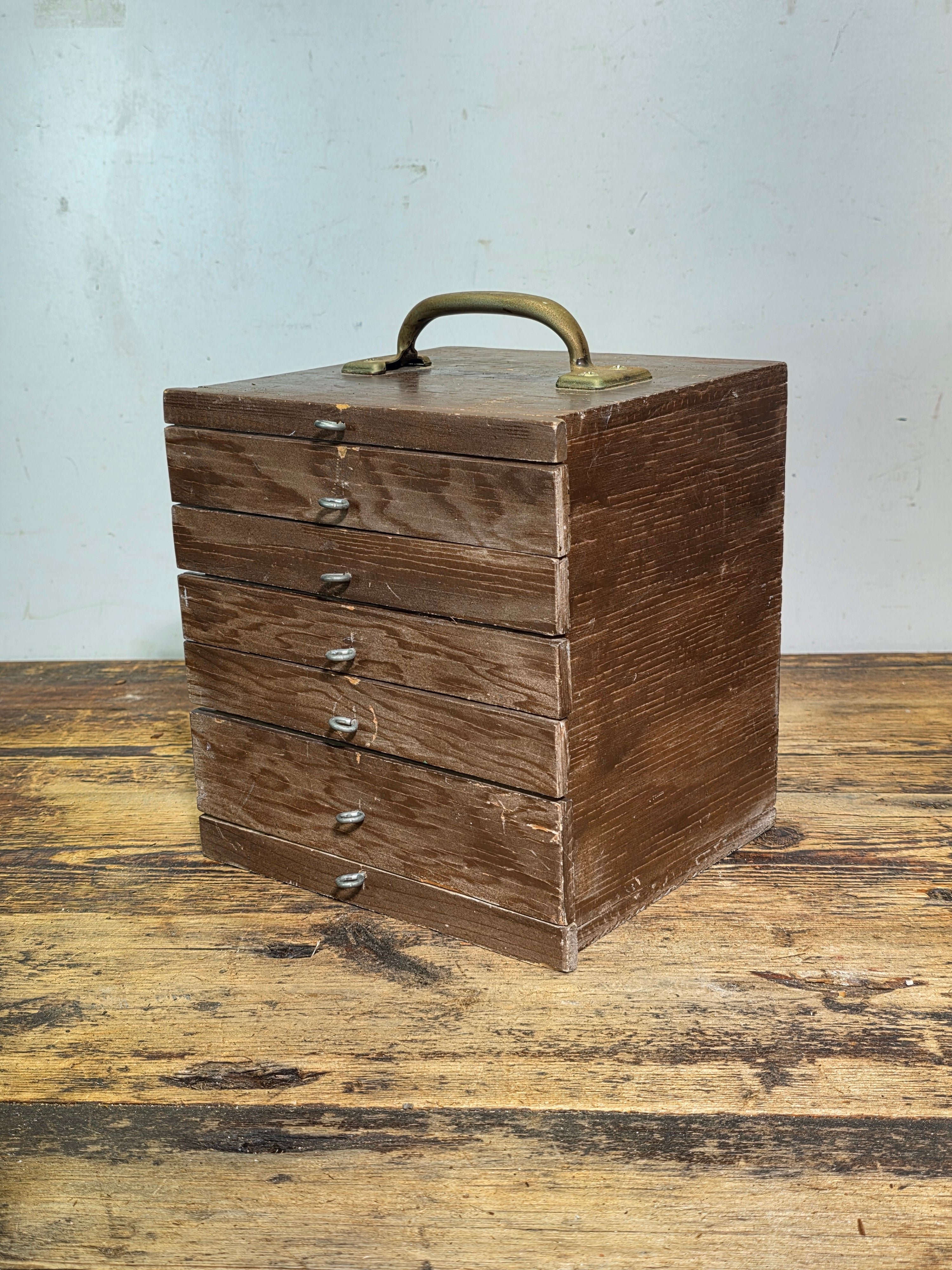 Vintage Handmade Wood Desktop Chest 5 Drawer Steel Ring Pulls Rustic Jewelry Box