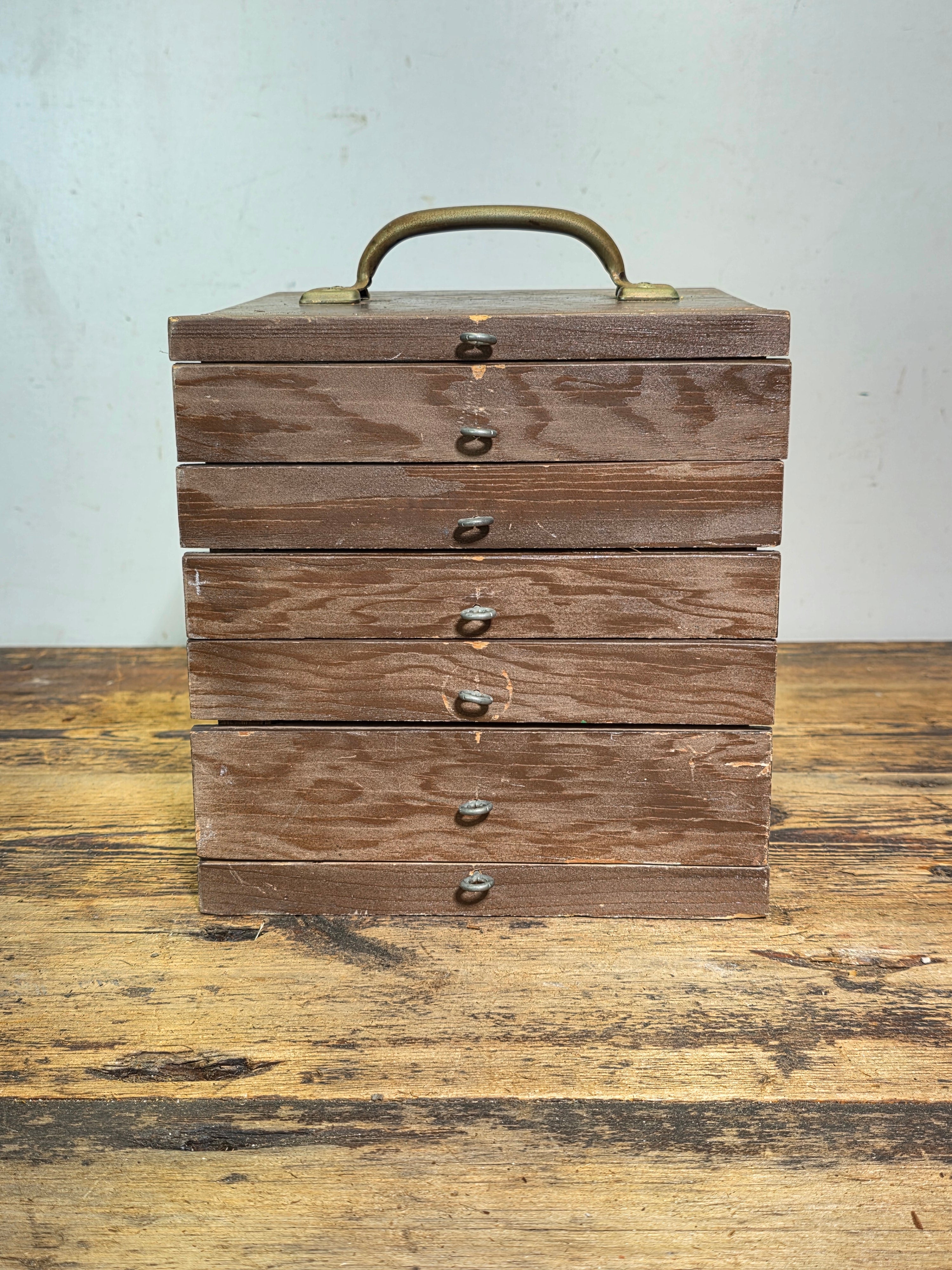 Vintage Handmade Wood Desktop Chest 5 Drawer Steel Ring Pulls Rustic Jewelry Box