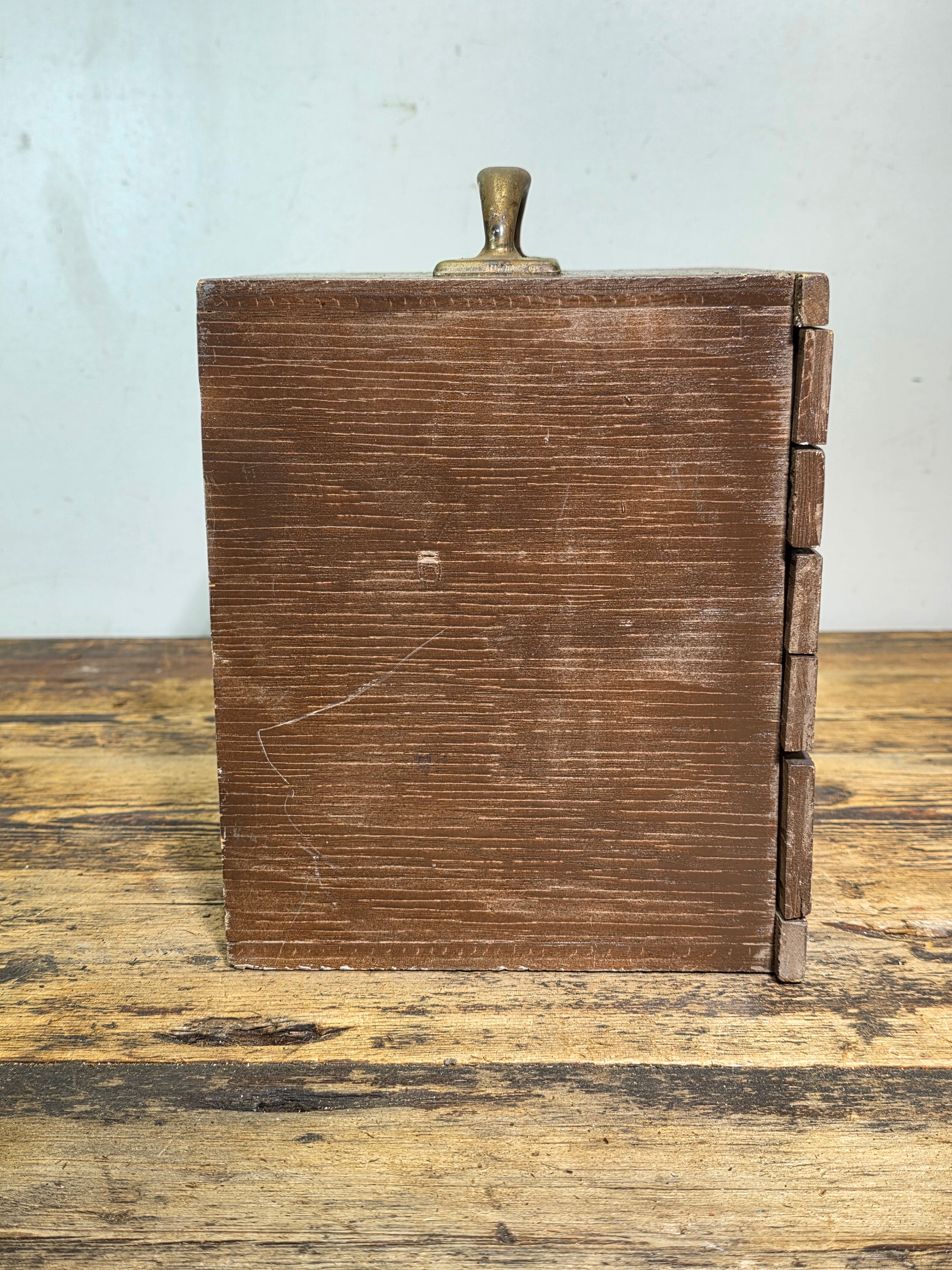 Vintage Handmade Wood Desktop Chest 5 Drawer Steel Ring Pulls Rustic Jewelry Box