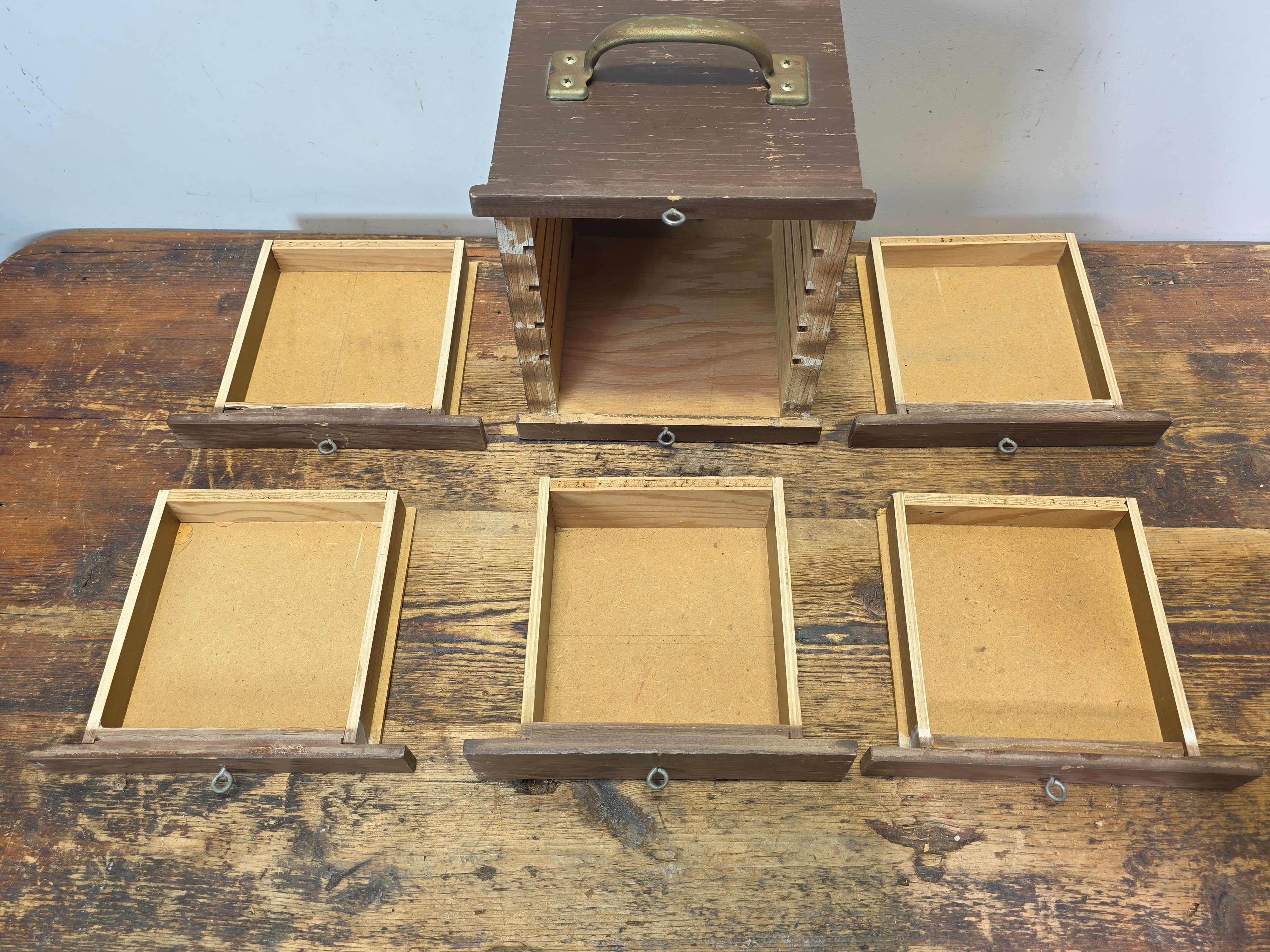 Vintage Handmade Wood Desktop Chest 5 Drawer Steel Ring Pulls Rustic Jewelry Box