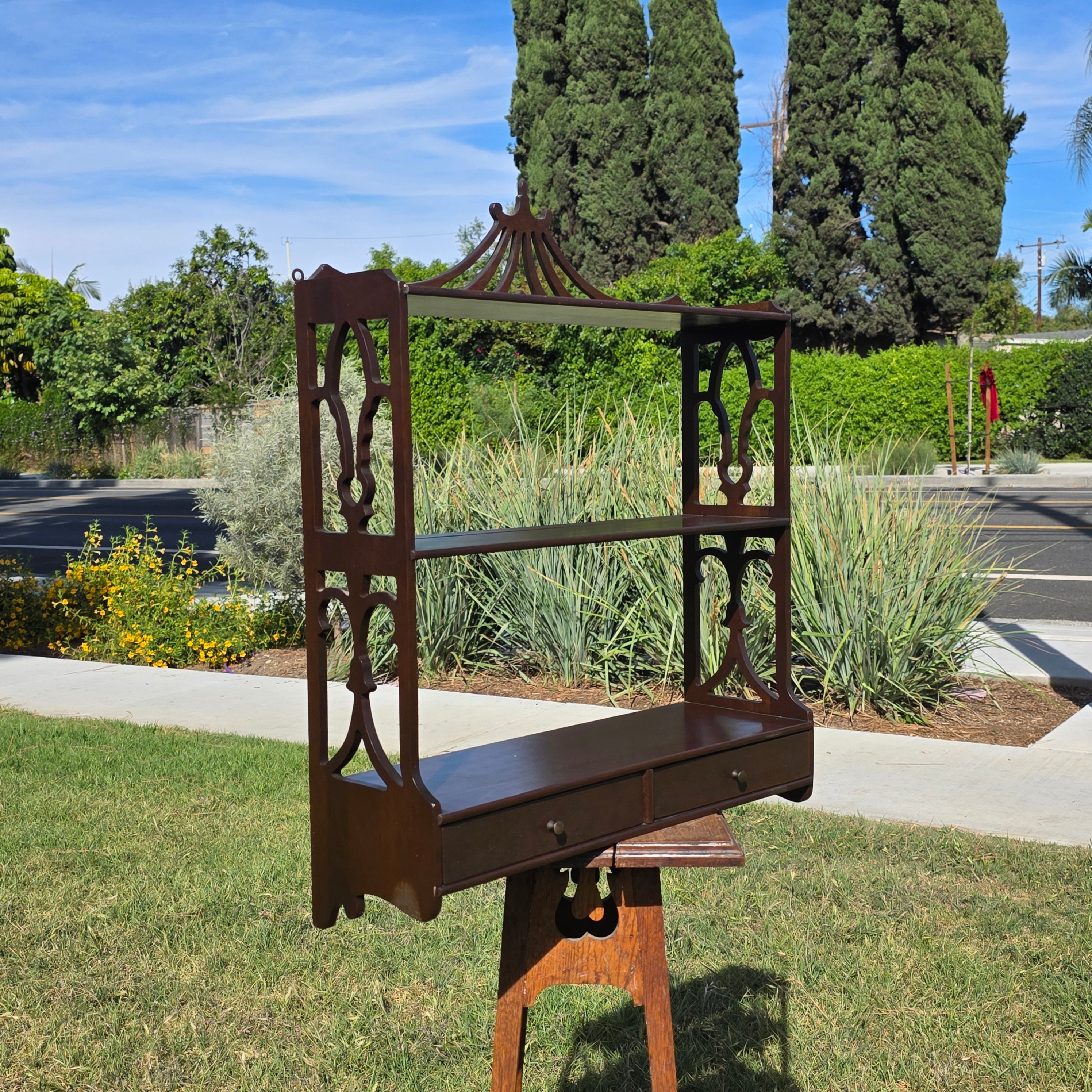 Vintage Pagoda Wall Shelf Chinoiserie Fretwork Display Rack 2 Drawers Mahogany